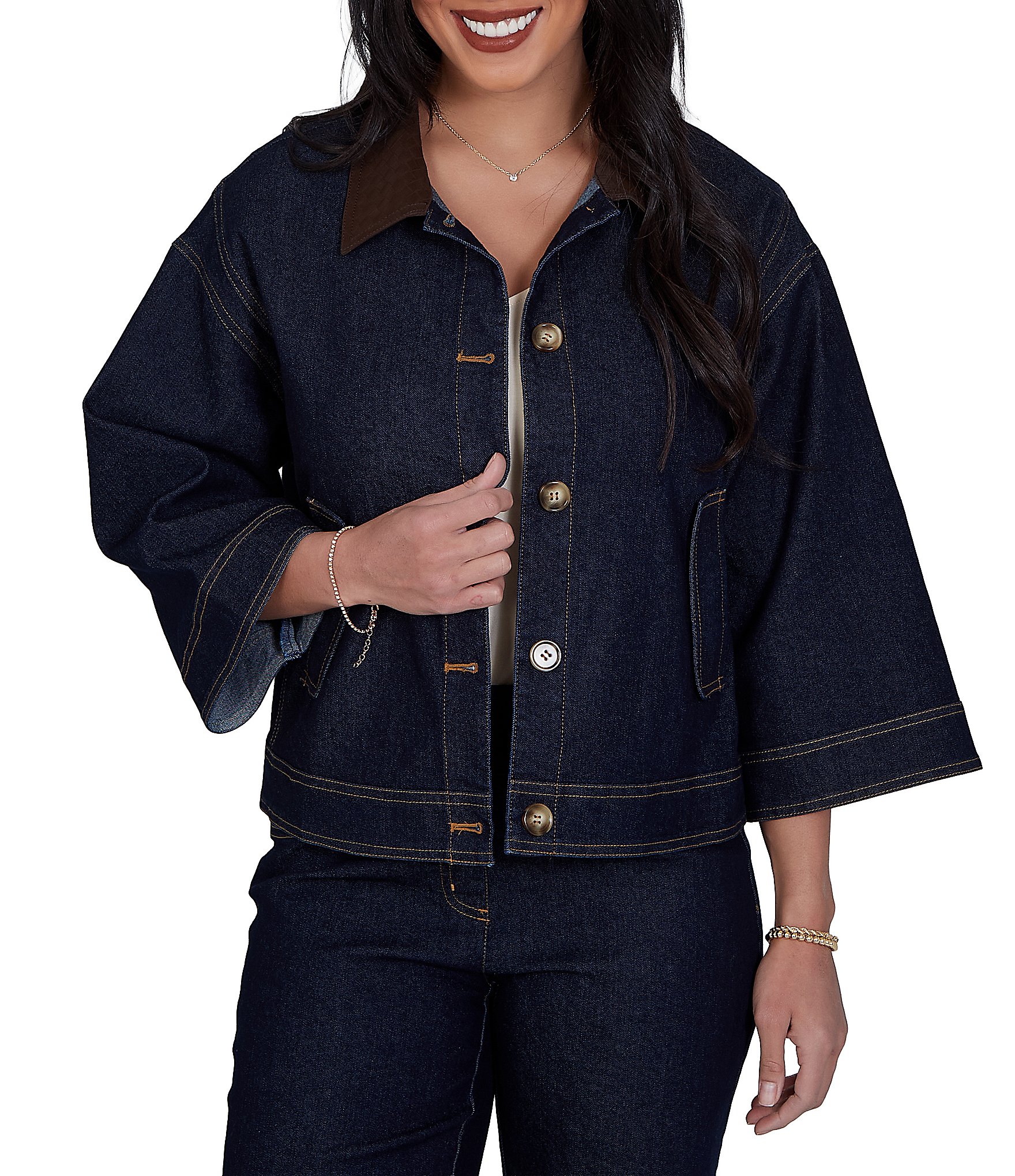 Ruby Rd. Petite Size Light Weight Denim Faux Leather Collar 3/4 Sleeve Button Front Caplet Jacket