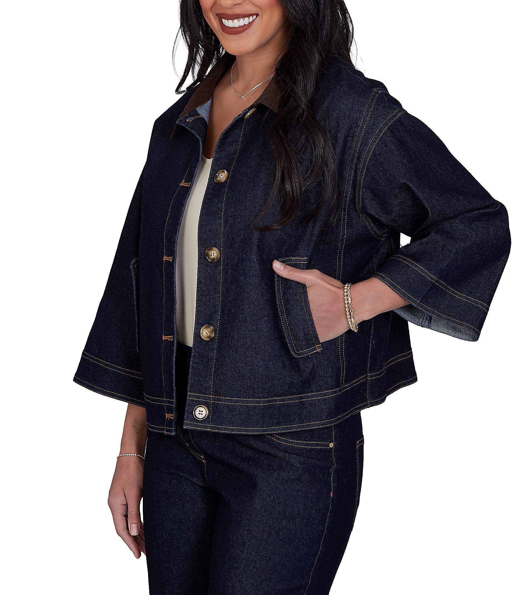 Ruby Rd. Petite Size Light Weight Denim Faux Leather Collar 3/4 Sleeve Button Front Caplet Jacket