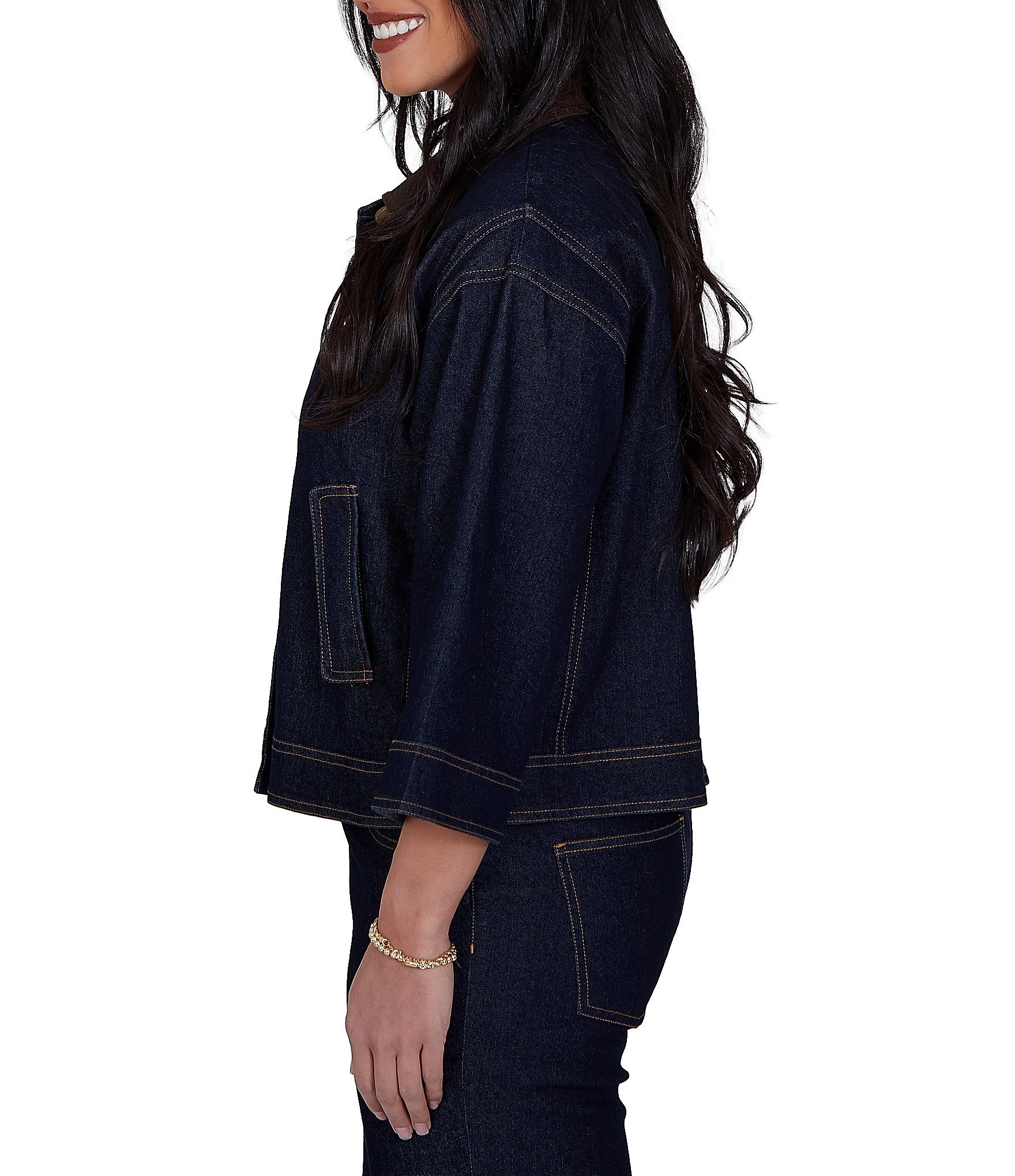 Ruby Rd. Petite Size Light Weight Denim Faux Leather Collar 3/4 Sleeve Button Front Caplet Jacket