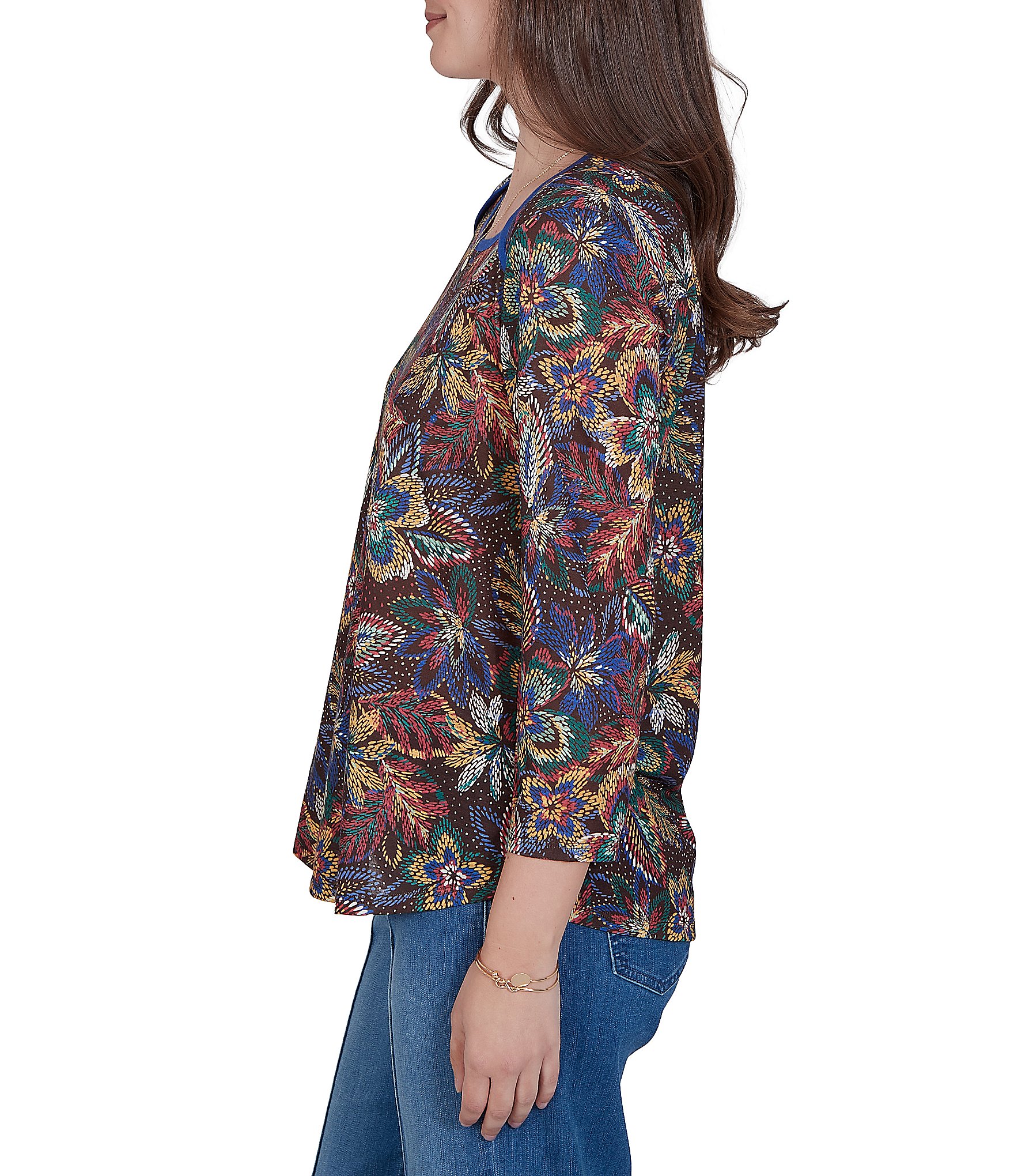 Ruby Rd. Petite Size Lightweight Knit Floral Scoop Neck 3/4 Sleeve Solid Trim Pullover