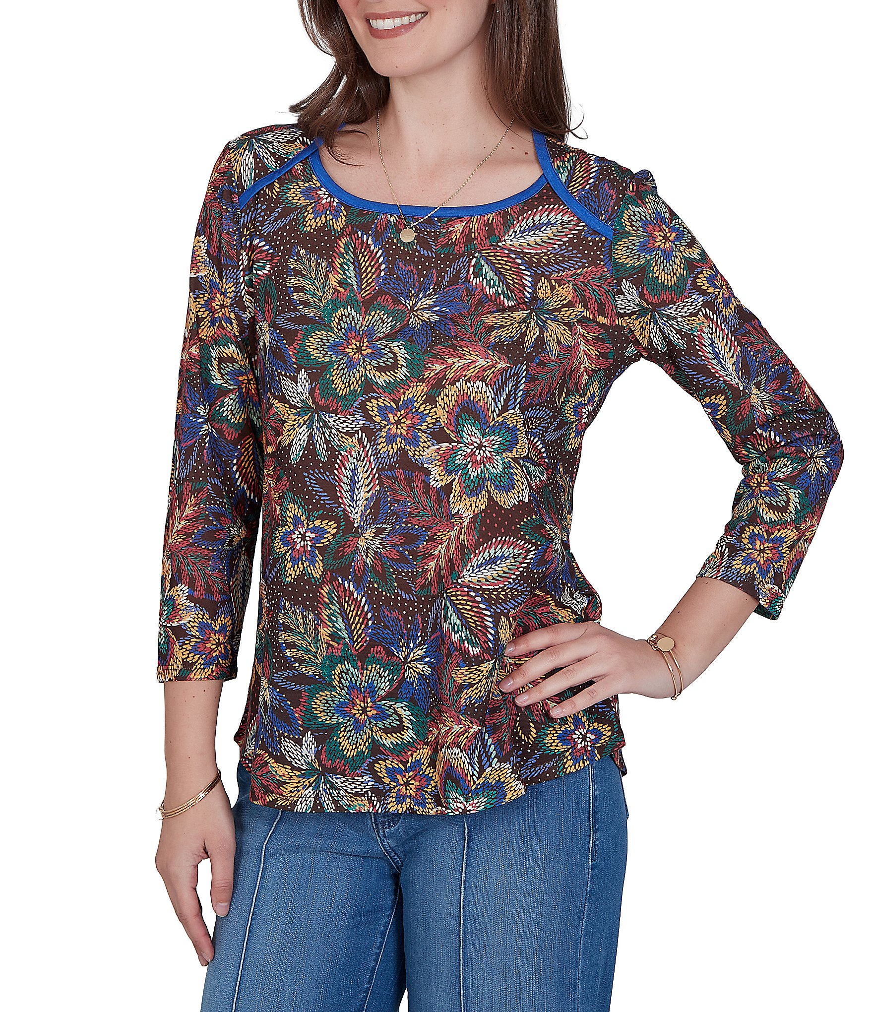 Ruby Rd. Petite Size Lightweight Knit Floral Scoop Neck 3/4 Sleeve Solid Trim Pullover