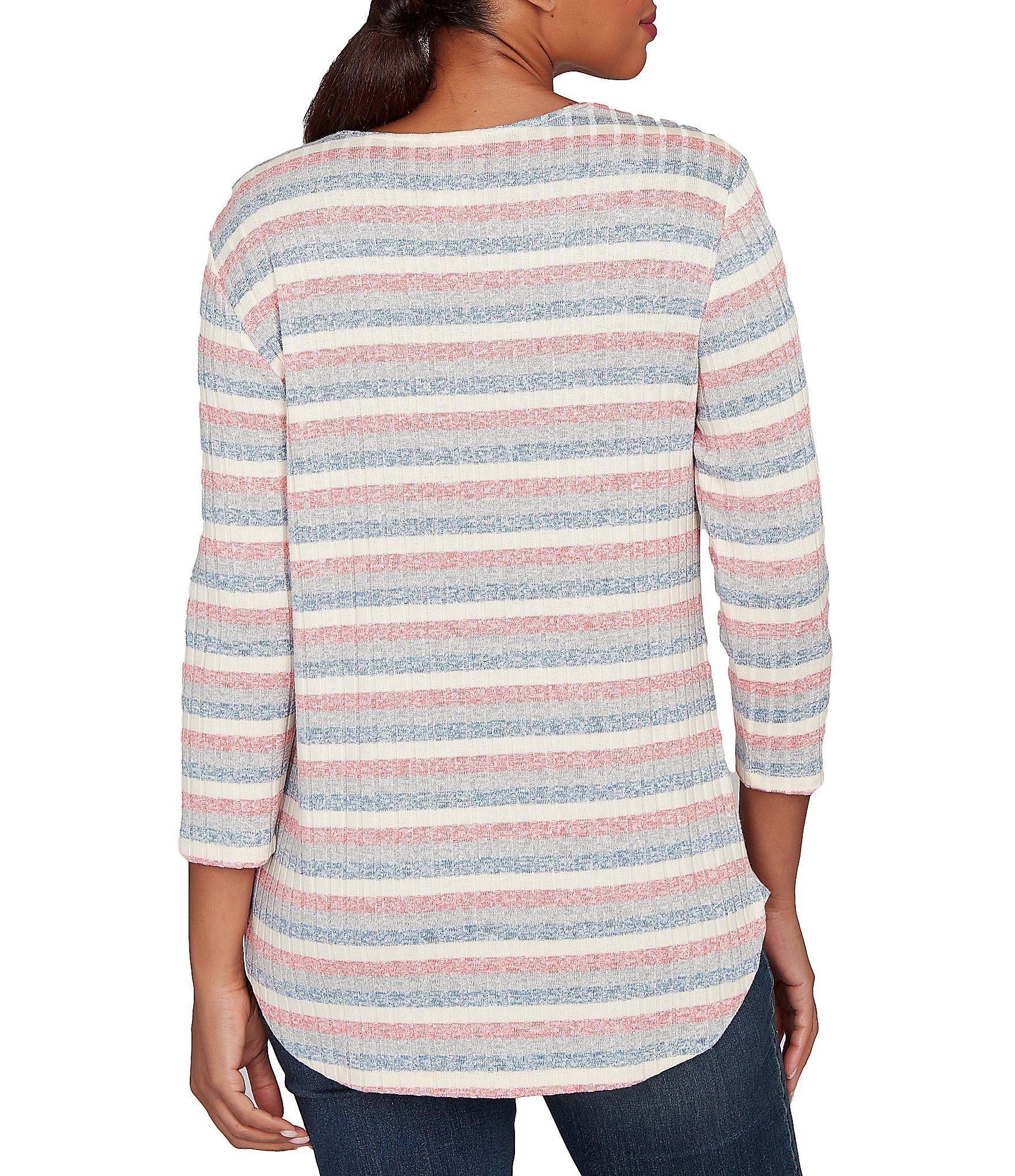 Ruby Rd. Petite Size Marled Stripe Ribbed Knit Square Neck 3/4 Sleeve Top