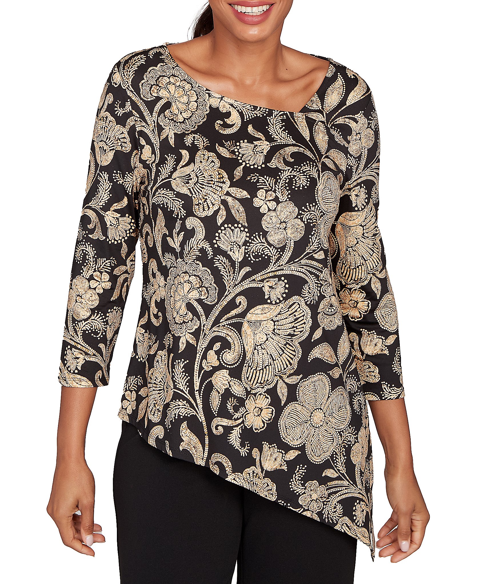 Ruby Rd. Petite Size Metallic Bold Floral Print 3/4 Sleeve Asymmetrical Top