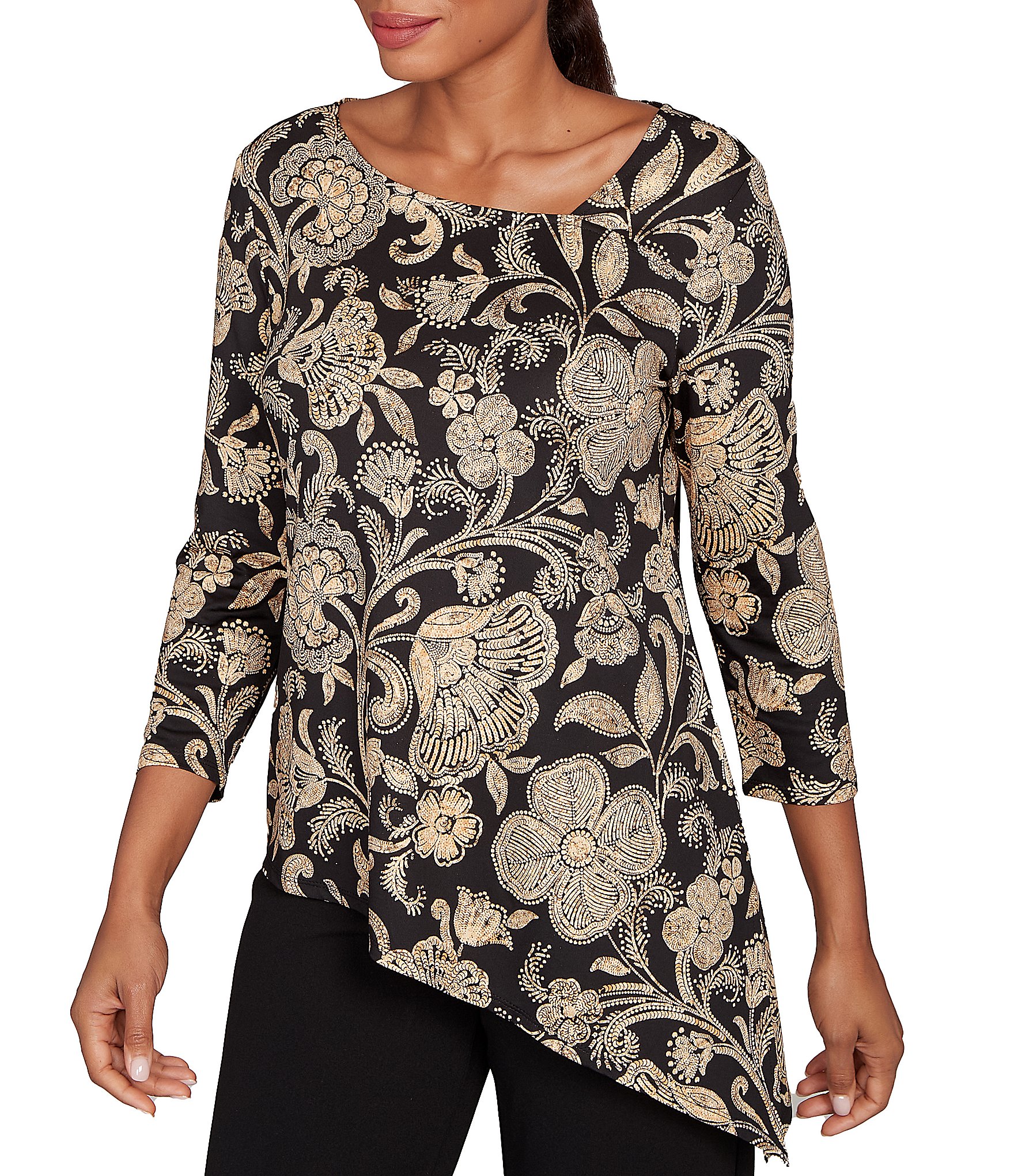 Ruby Rd. Petite Size Metallic Bold Floral Print 3/4 Sleeve Asymmetrical Top