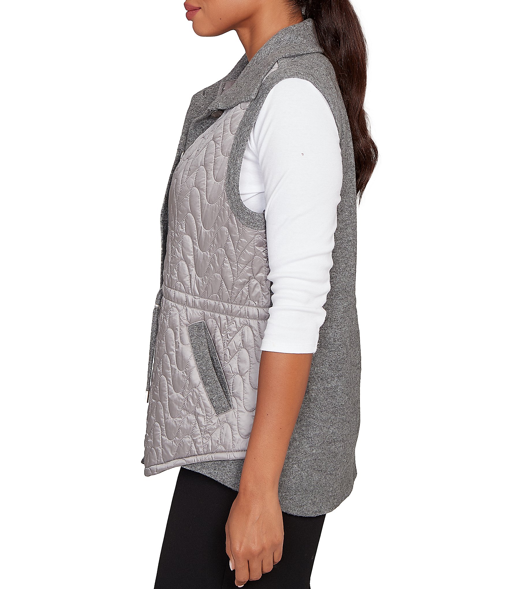 Ruby Rd. Petite Size Mixed Media Drawstring Waist Button-Front Quilted Vest