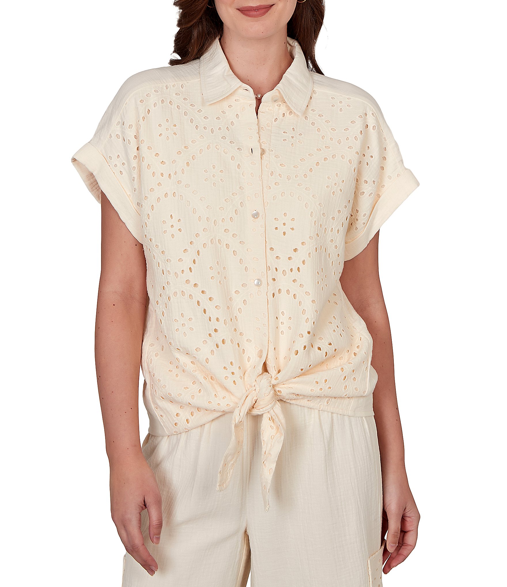 Ruby Rd. Petite Size Mixed Media Point Collar Short Rolled Cuff Sleeve Button Tie-Front Top