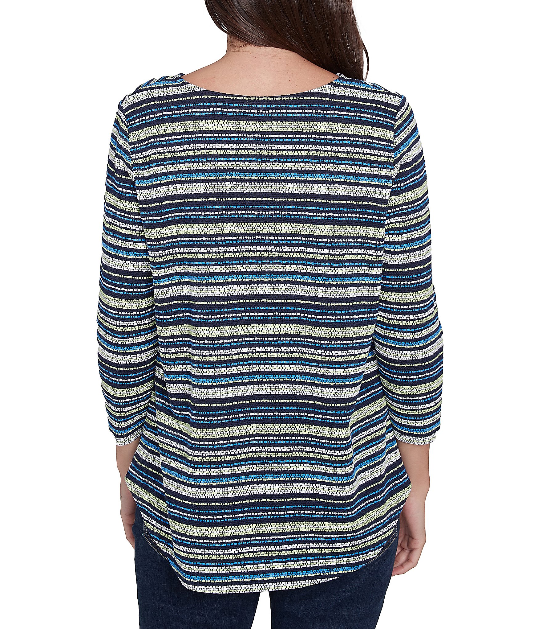 Ruby Rd. Petite Size Pebble Stripe Keyhole Neck 3/4 Sleeve Top