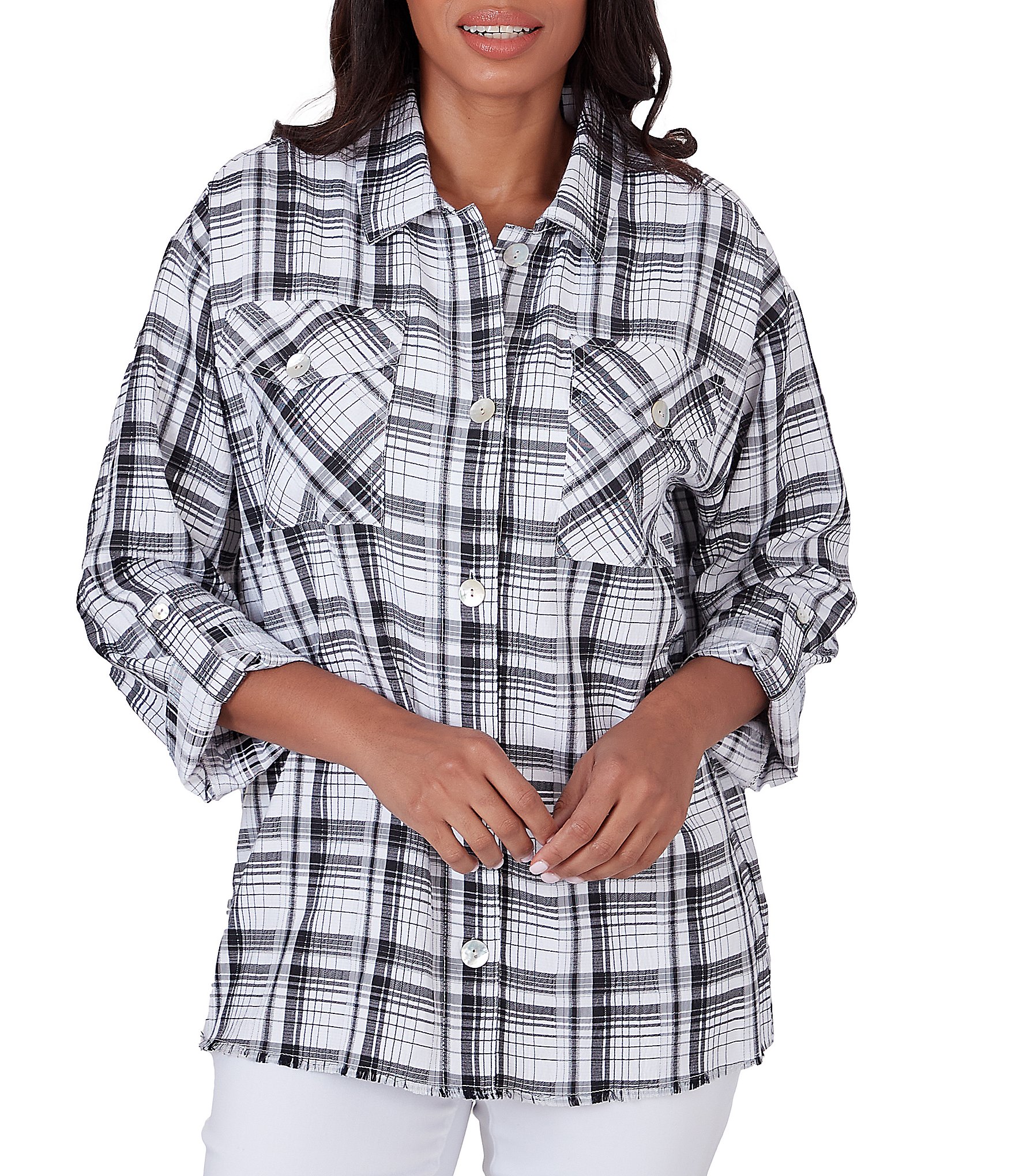 Ruby Rd. Petite Size Plaid Crepe Roll-Tab Sleeve Button-Front Shacket ...
