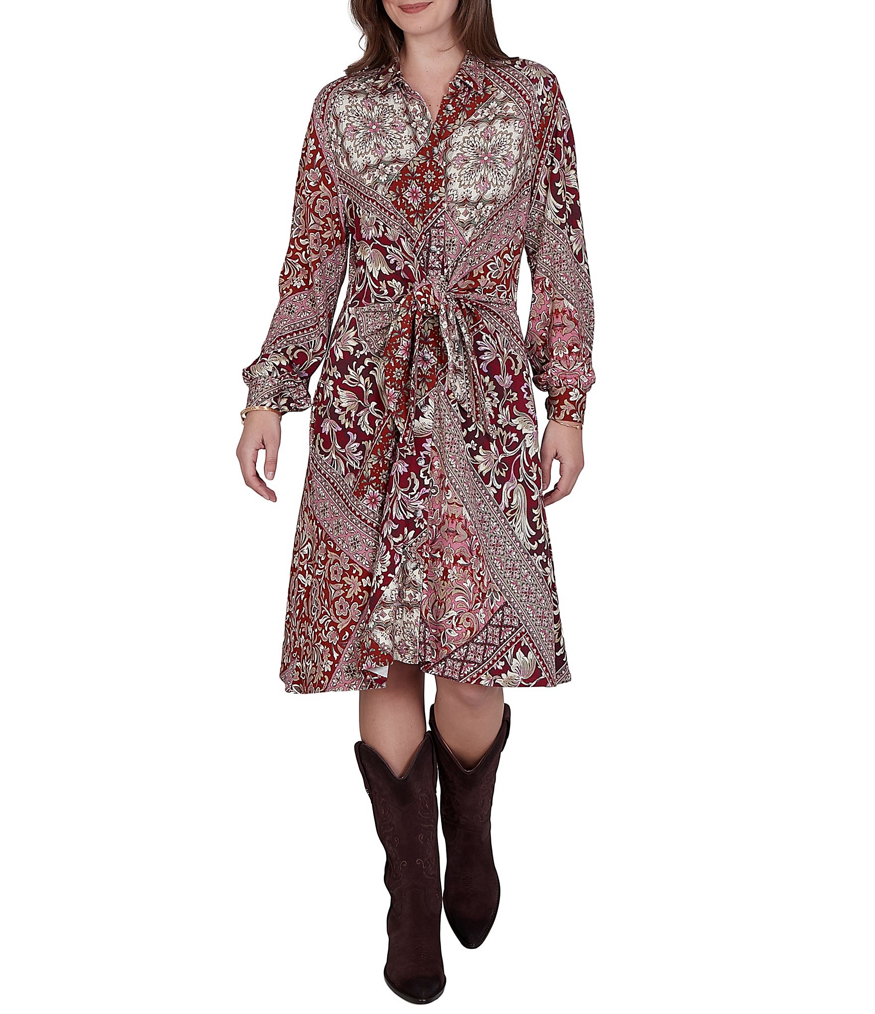 Ruby Rd. Petite Size Ponte Victorian-Inspired Patchwork Point Collar Long Sleeve Self Tie Shirt Dress