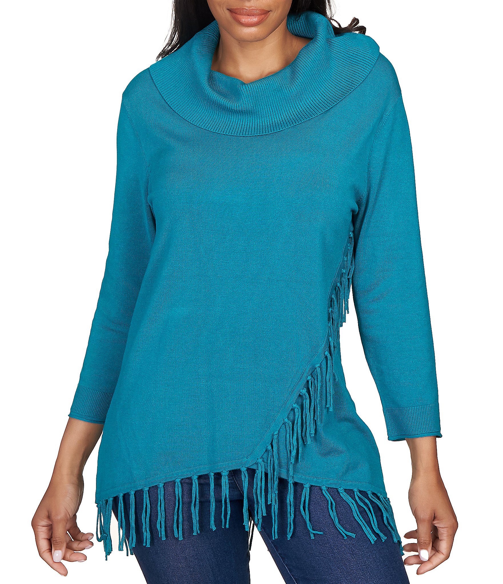 Ruby Rd. Petite Size Ribbed Cowl Collar 3/4 Sleeve Asymmetrical Fringe ...