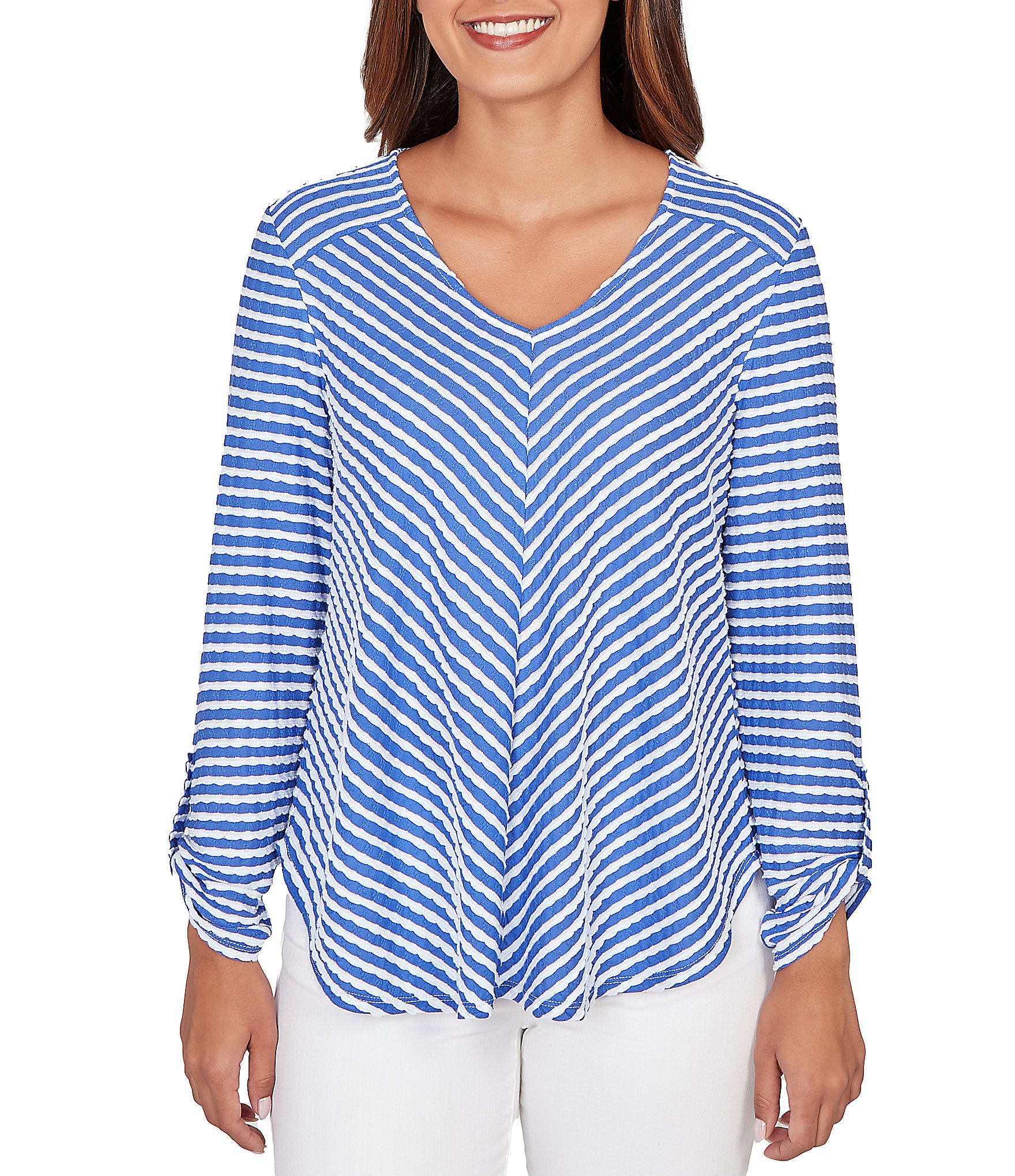 Ruby Rd. Petite Size Scalloped Stripe V-Neck 3/4 Roll-Tab Sleeve Top