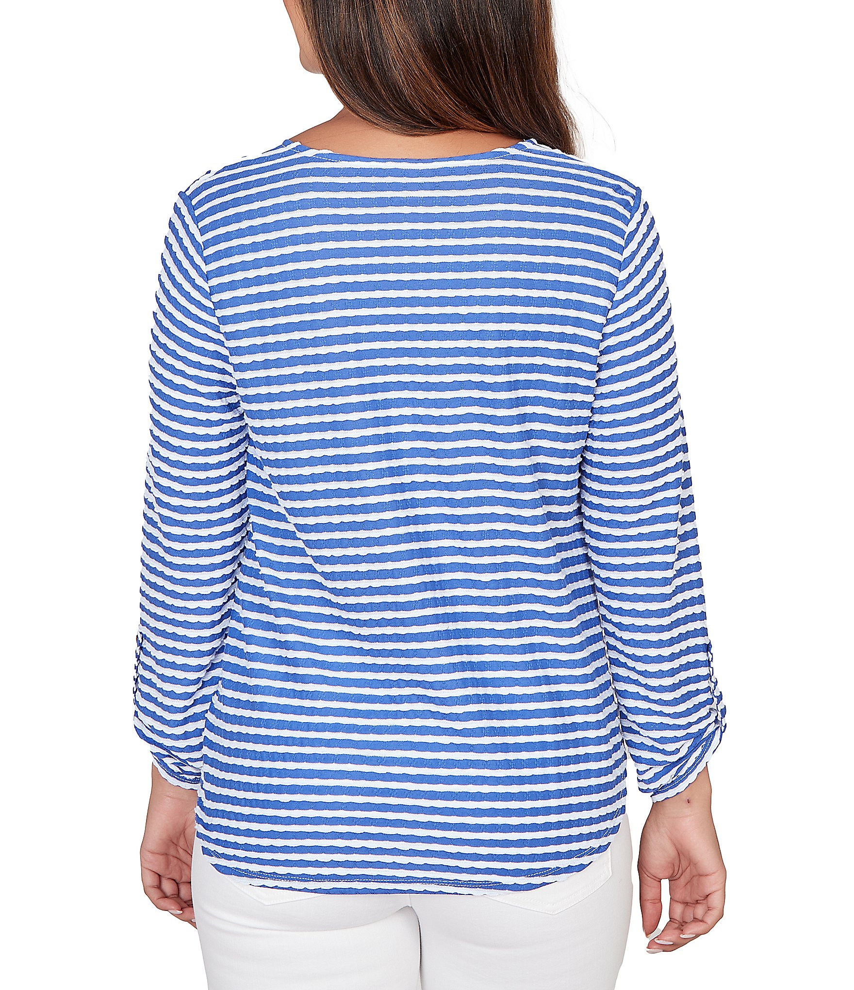 Ruby Rd. Petite Size Scalloped Stripe V-Neck 3/4 Roll-Tab Sleeve Top