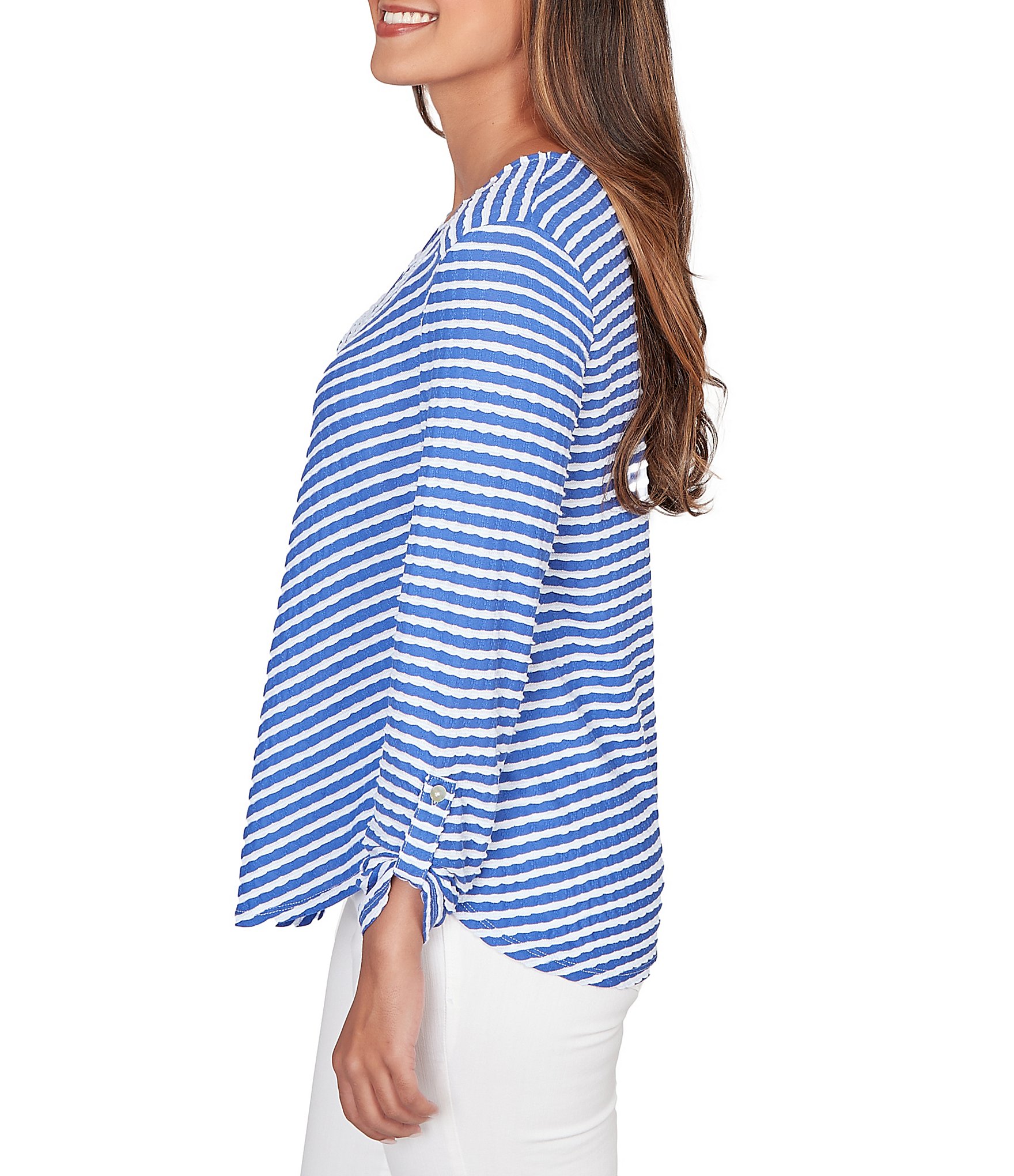 Ruby Rd. Petite Size Scalloped Stripe V-Neck 3/4 Roll-Tab Sleeve Top