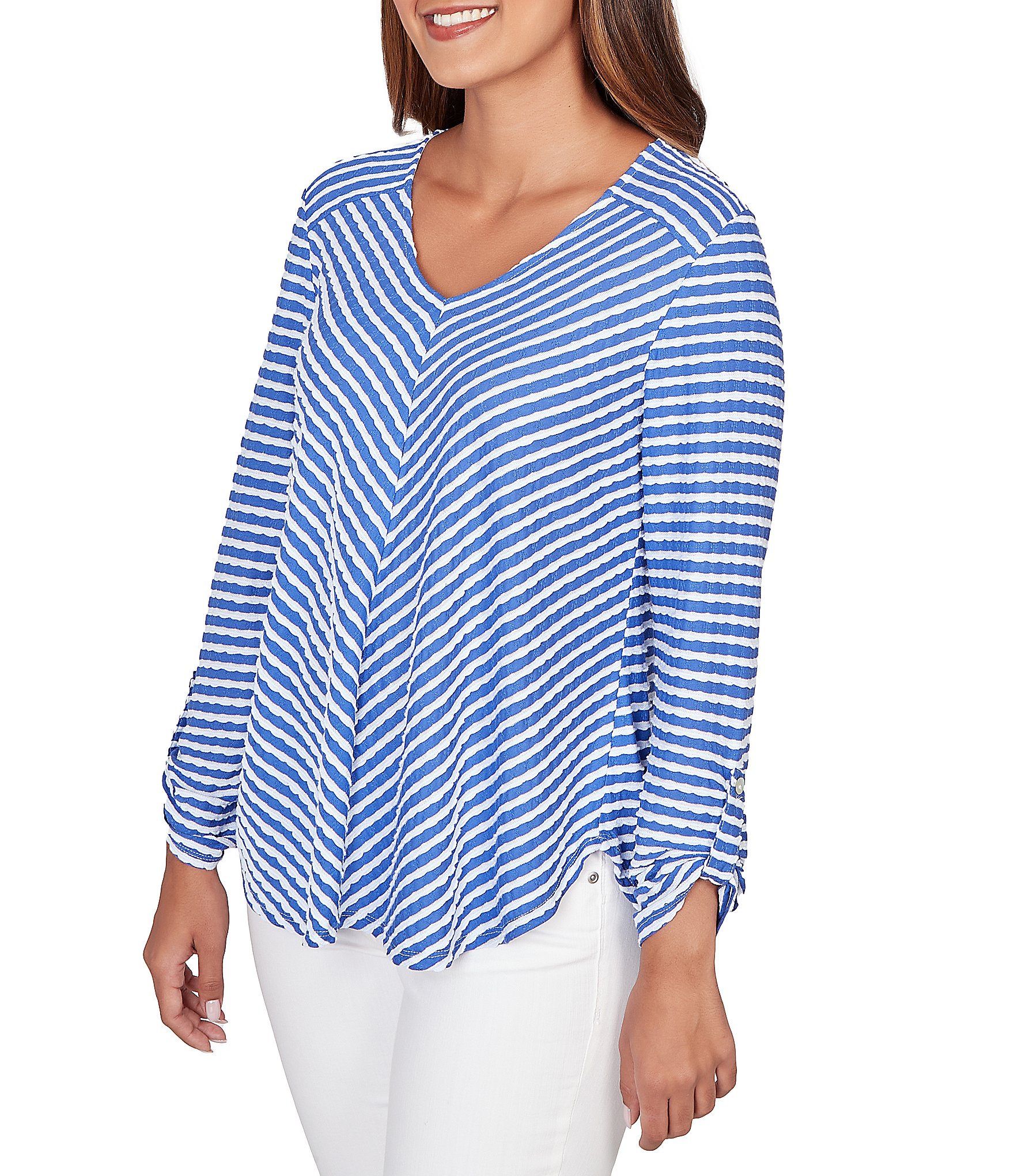 Ruby Rd. Petite Size Scalloped Stripe V-Neck 3/4 Roll-Tab Sleeve Top