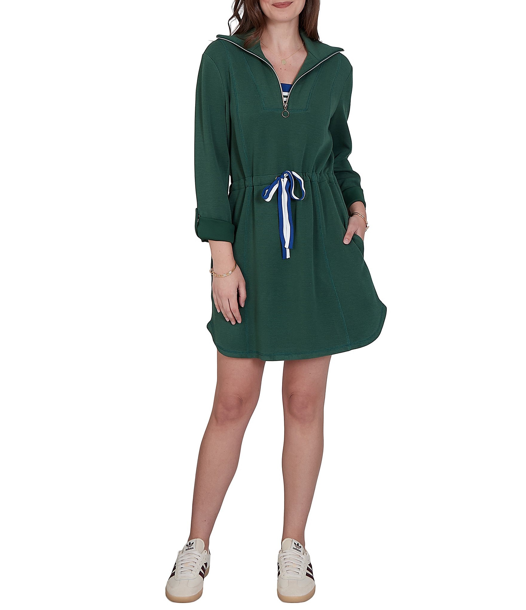 Ruby Rd. Petite Size Scuba Pique Contrast Stripe Trim Zip Front Collar 3/4 Roll-Tab Sleeve Cinched Waist A-Line Dress