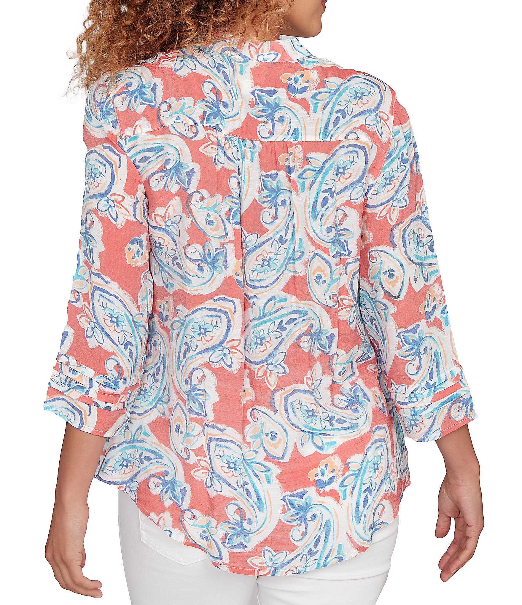 Ruby Rd. Petite Size Silky Gauze Paisley Split V-Neck 3/4 Sleeve Button Front Top