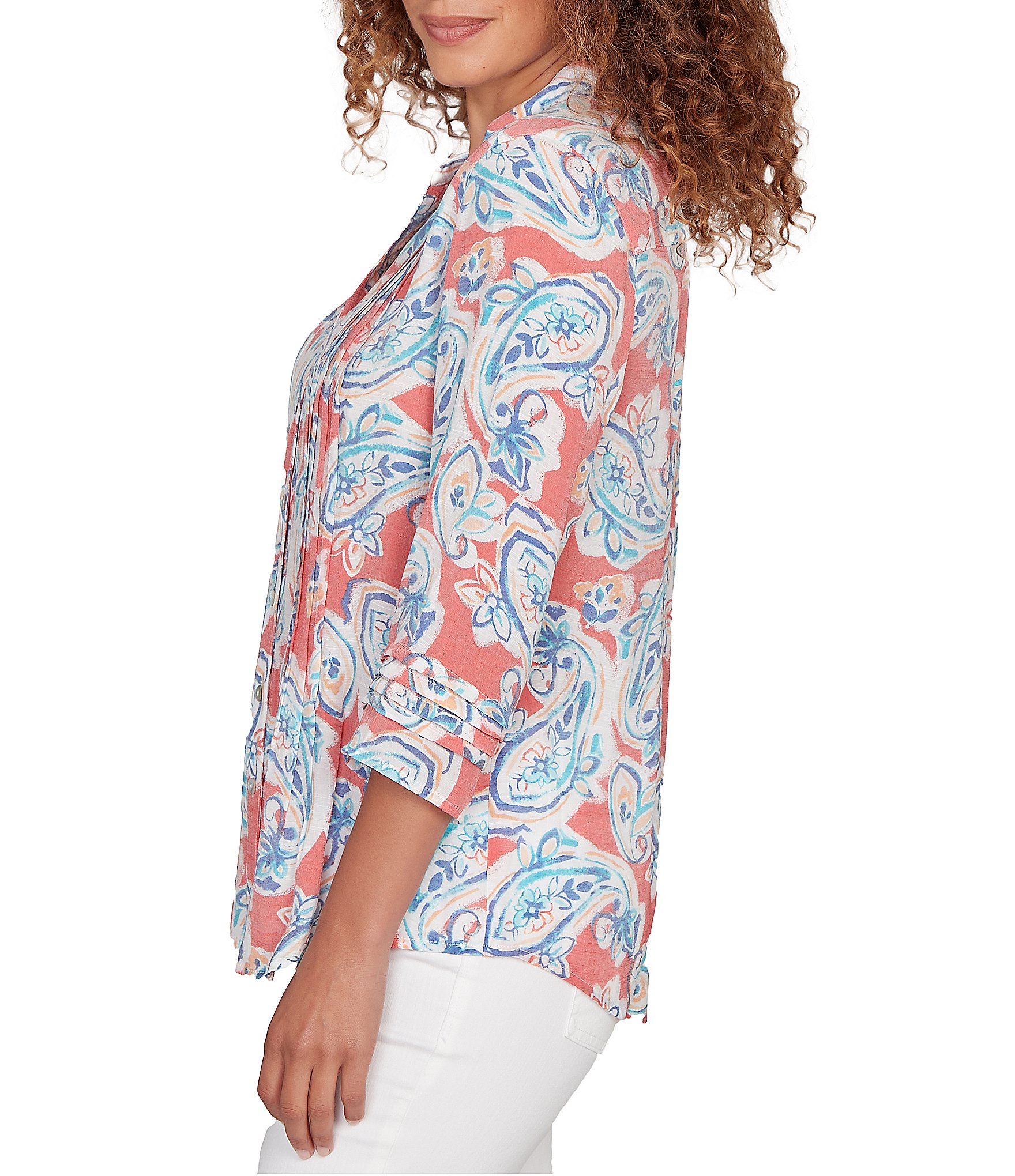 Ruby Rd. Petite Size Silky Gauze Paisley Split V-Neck 3/4 Sleeve Button Front Top