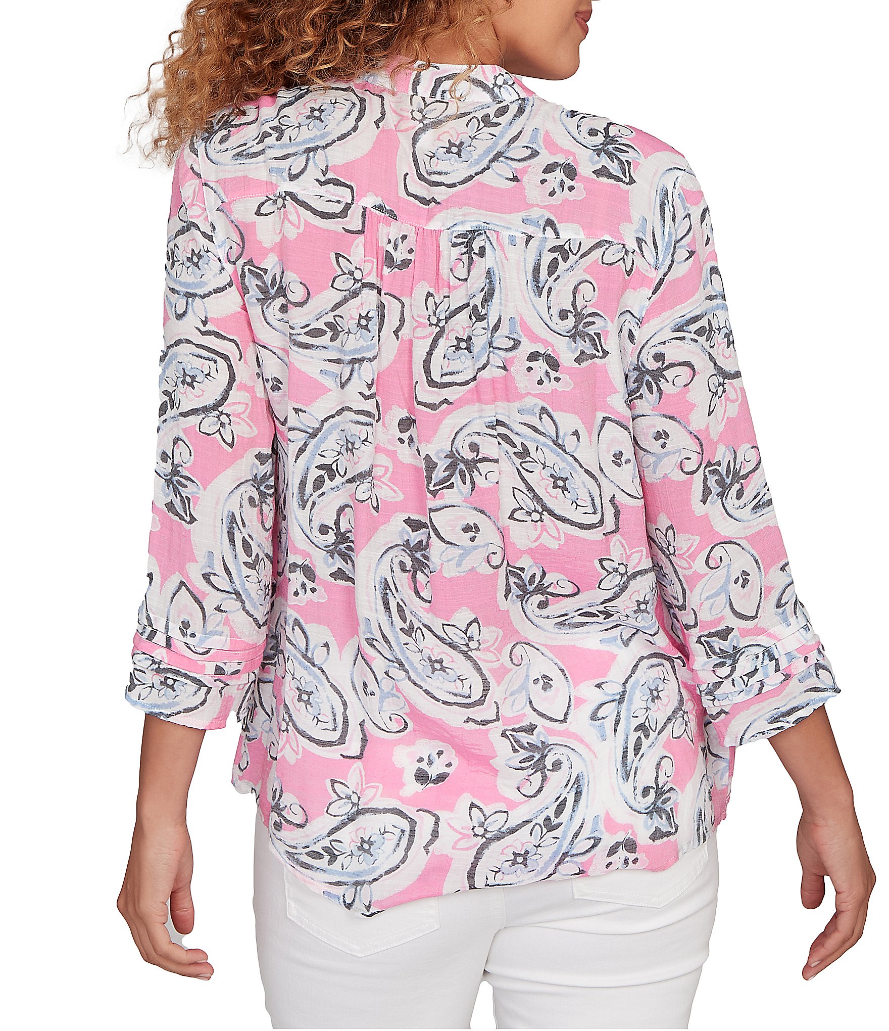 Ruby Rd. Petite Size Silky Gauze Paisley Split V-Neck 3/4 Sleeve Button Front Top