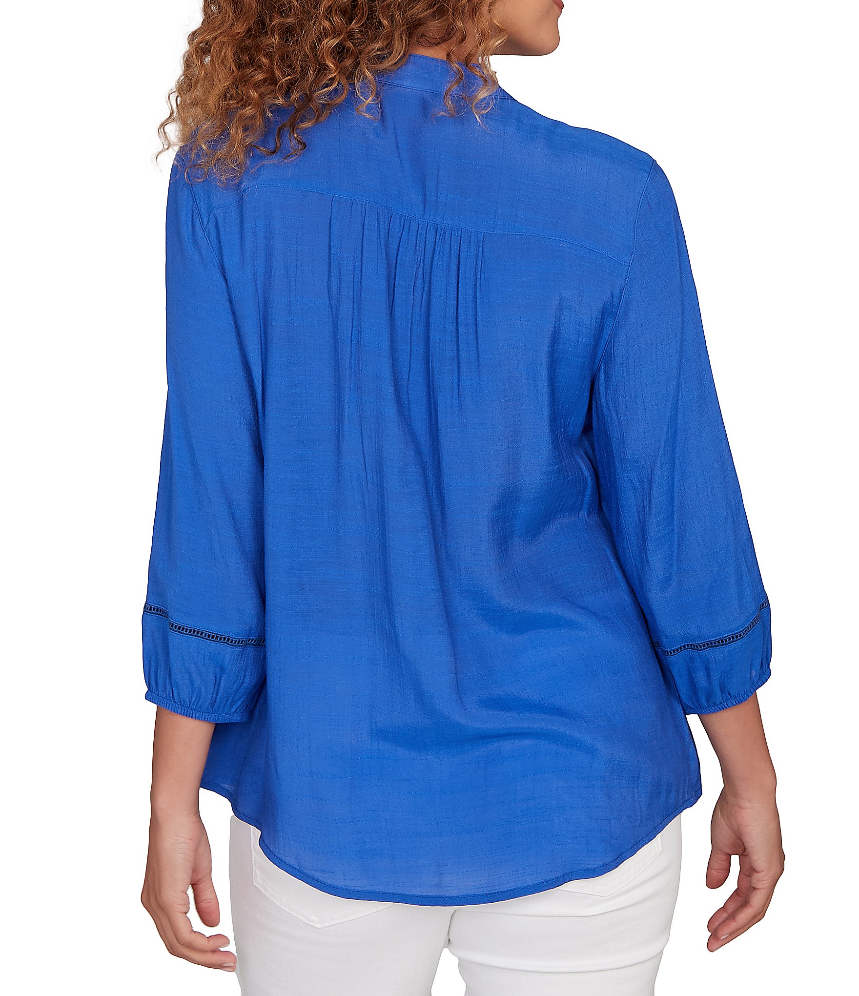 Ruby Rd. Petite Size Silky Slub Woven Split V-Neck 3/4 Sleeve Button Front Top