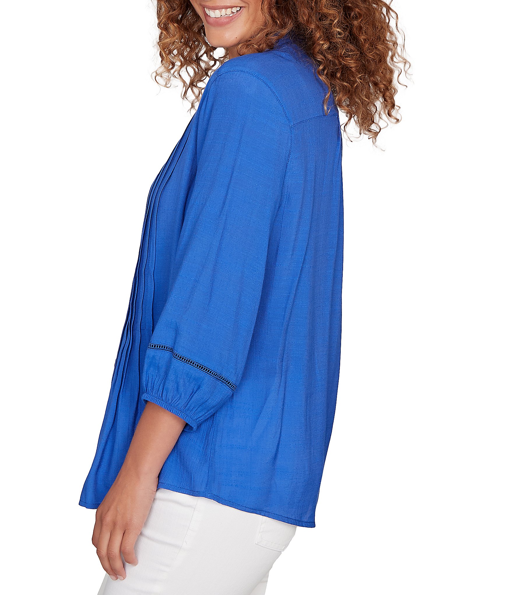 Ruby Rd. Petite Size Silky Slub Woven Split V-Neck 3/4 Sleeve Button Front Top