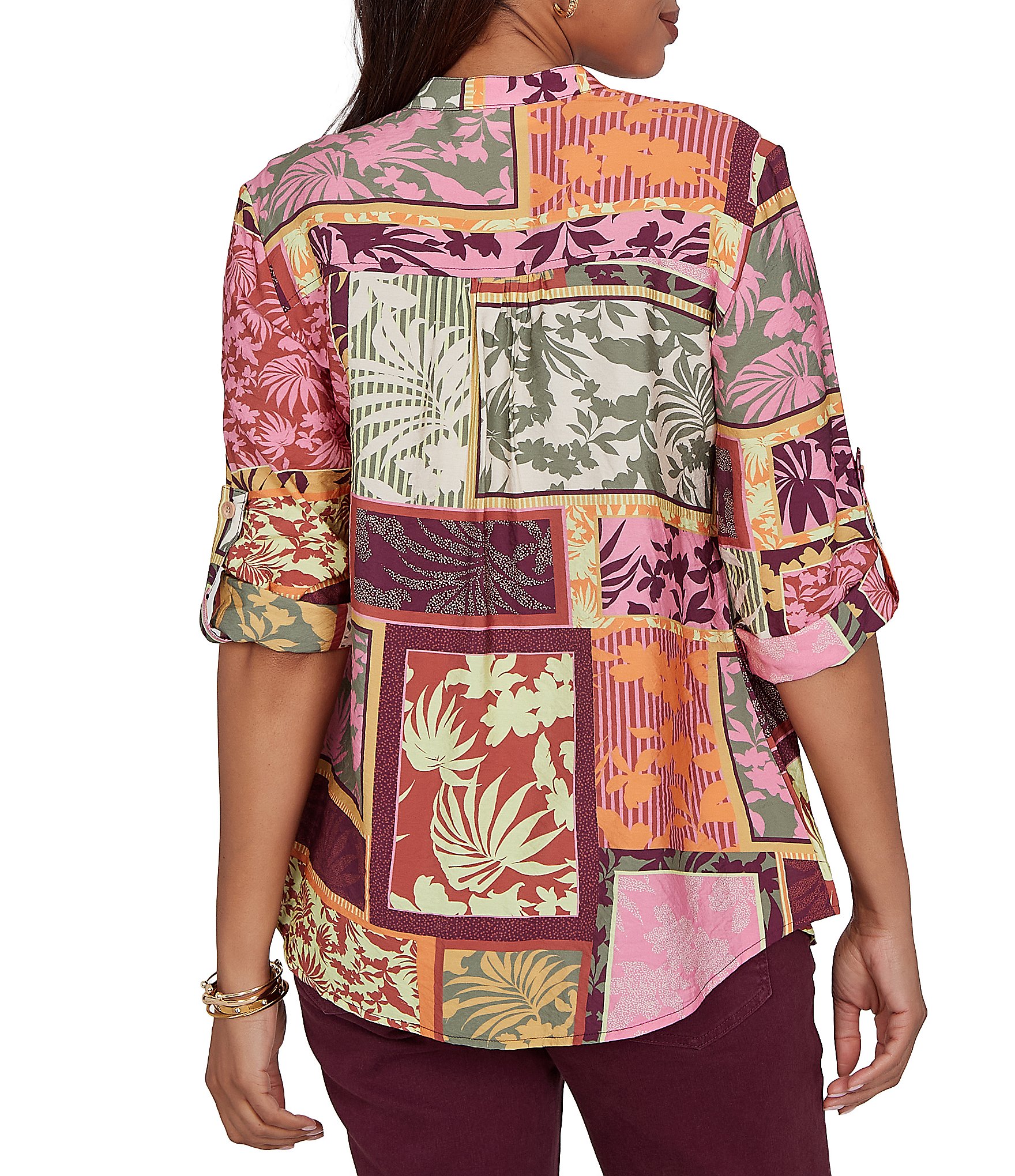 Ruby Rd. Petite Size Silky Voile Woven Patchwork Tropical Print Split V-Neck 3/4 Roll-Tab Sleeve Button Front Shirt