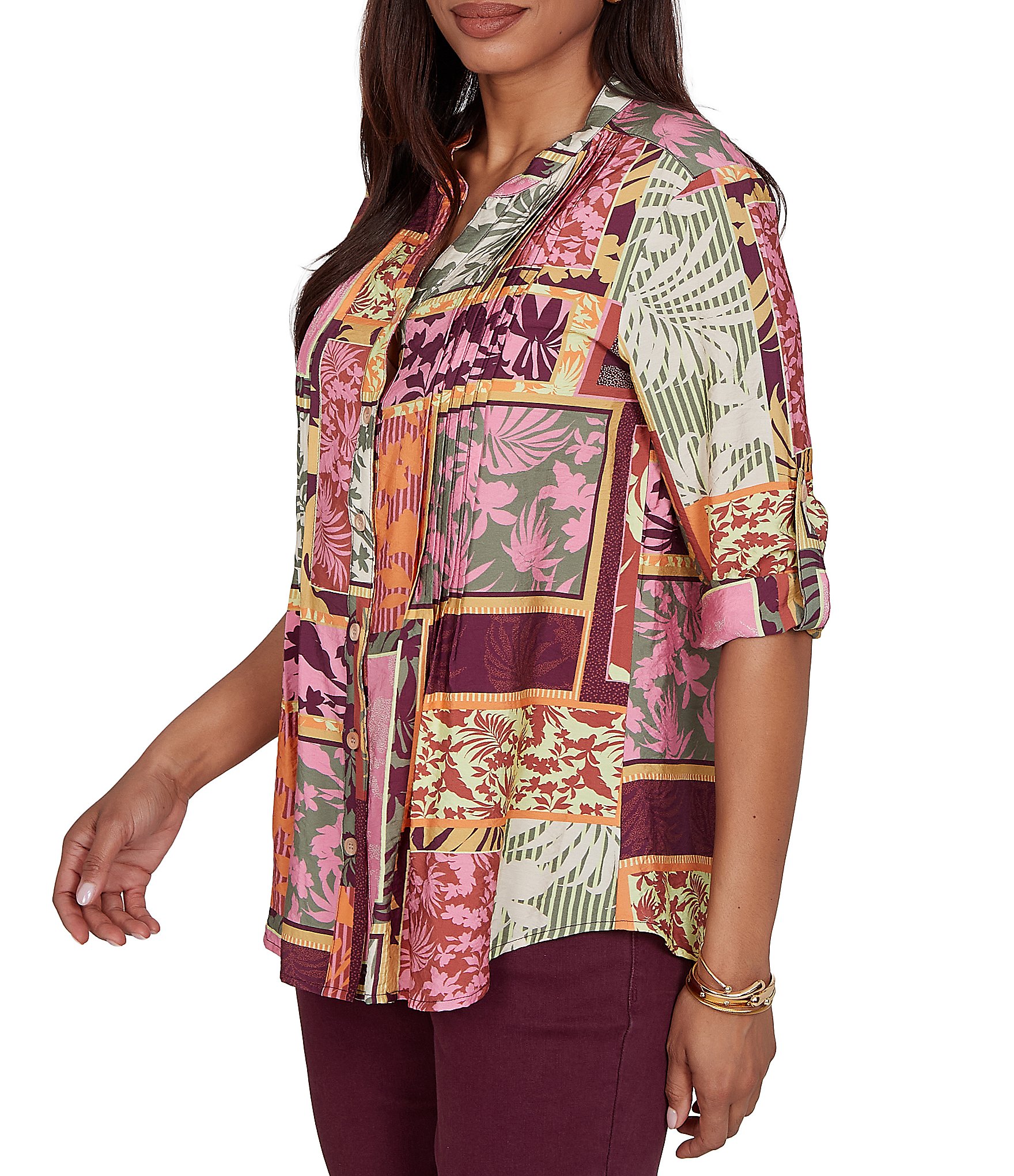 Ruby Rd. Petite Size Silky Voile Woven Patchwork Tropical Print Split V-Neck 3/4 Roll-Tab Sleeve Button Front Shirt