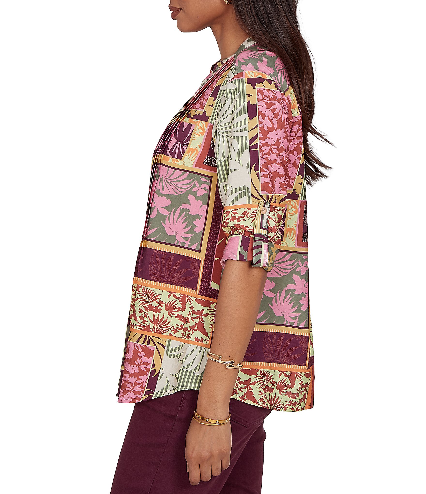 Ruby Rd. Petite Size Silky Voile Woven Patchwork Tropical Print Split V-Neck 3/4 Roll-Tab Sleeve Button Front Shirt