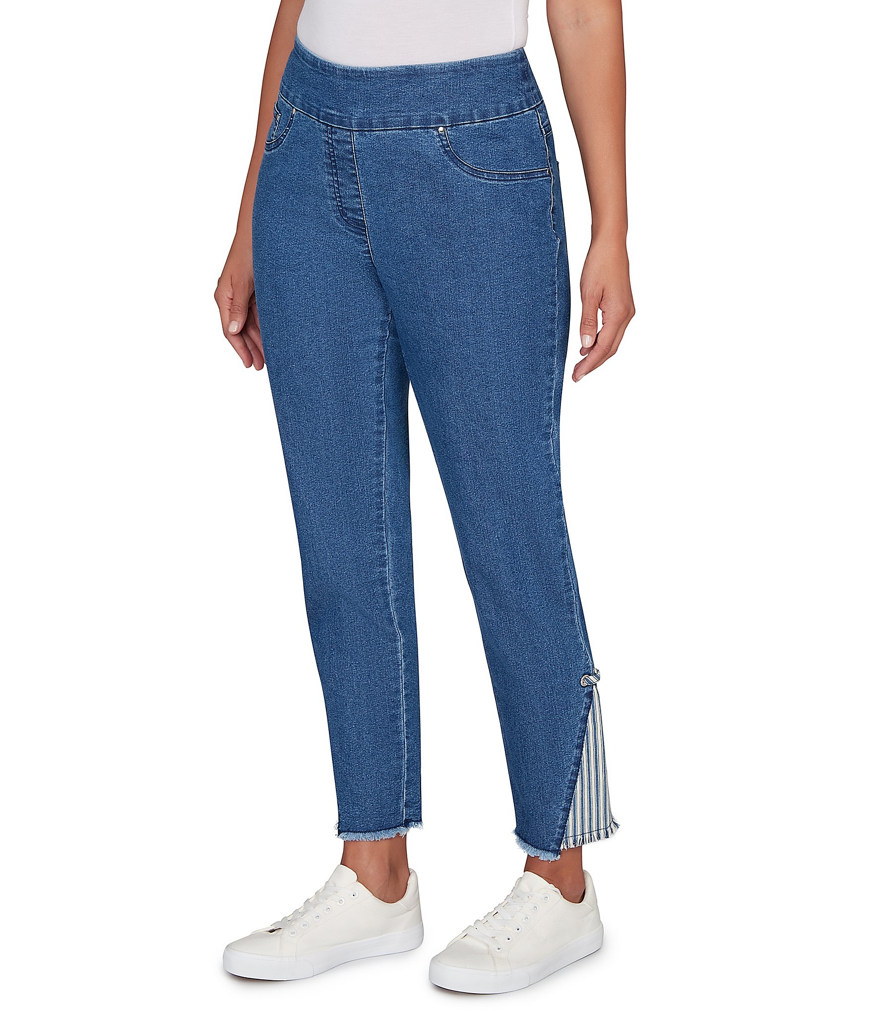 Ruby Rd. Petite Size Slim Leg Pull-On Striped Fabric Insert Ankle Jeans
