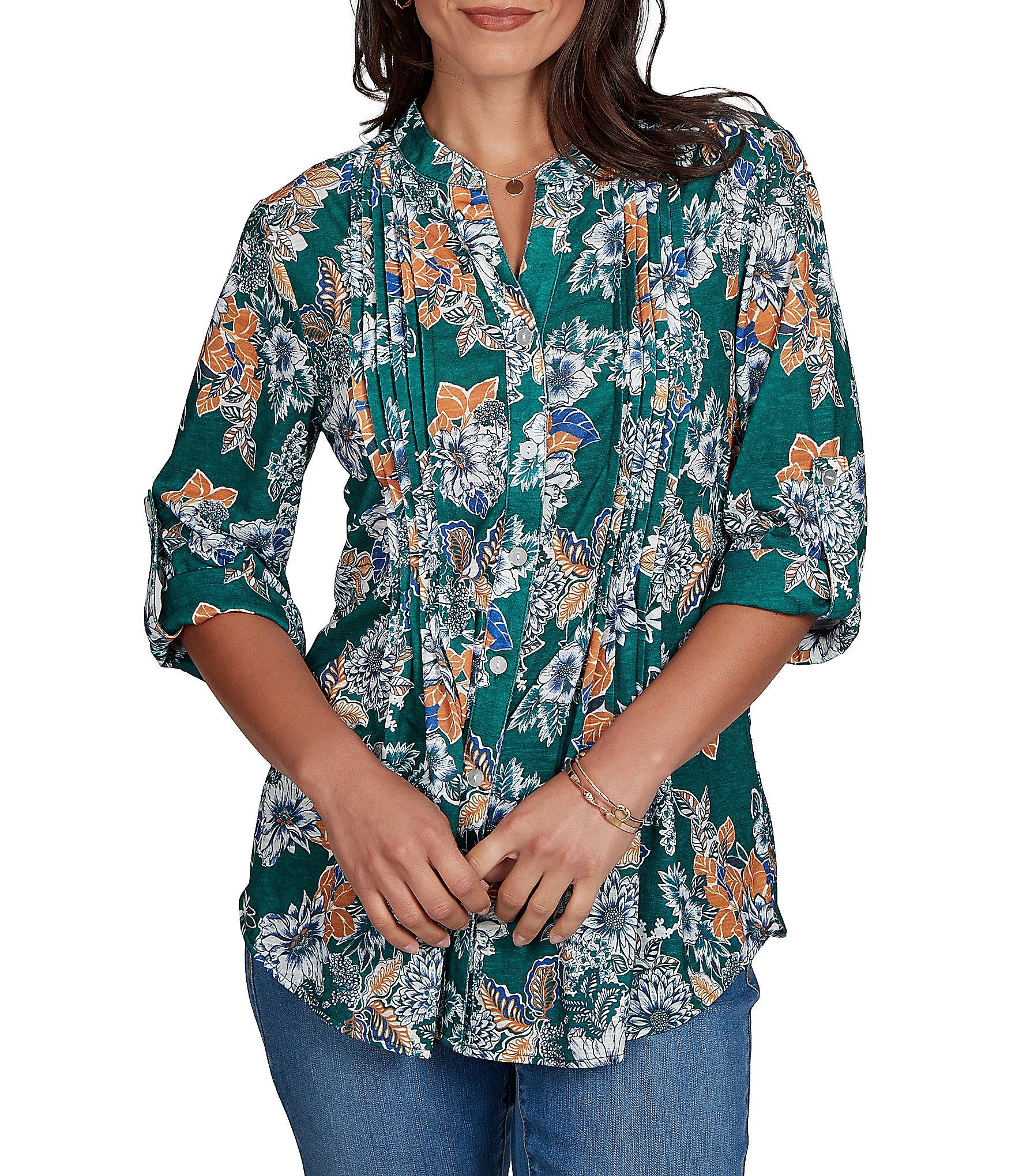 Ruby Rd. Petite Size Slub Knit Kensington-Inspired Floral Split V-Neck 3/4 Roll-Tab Sleeve Button-Front Shirt
