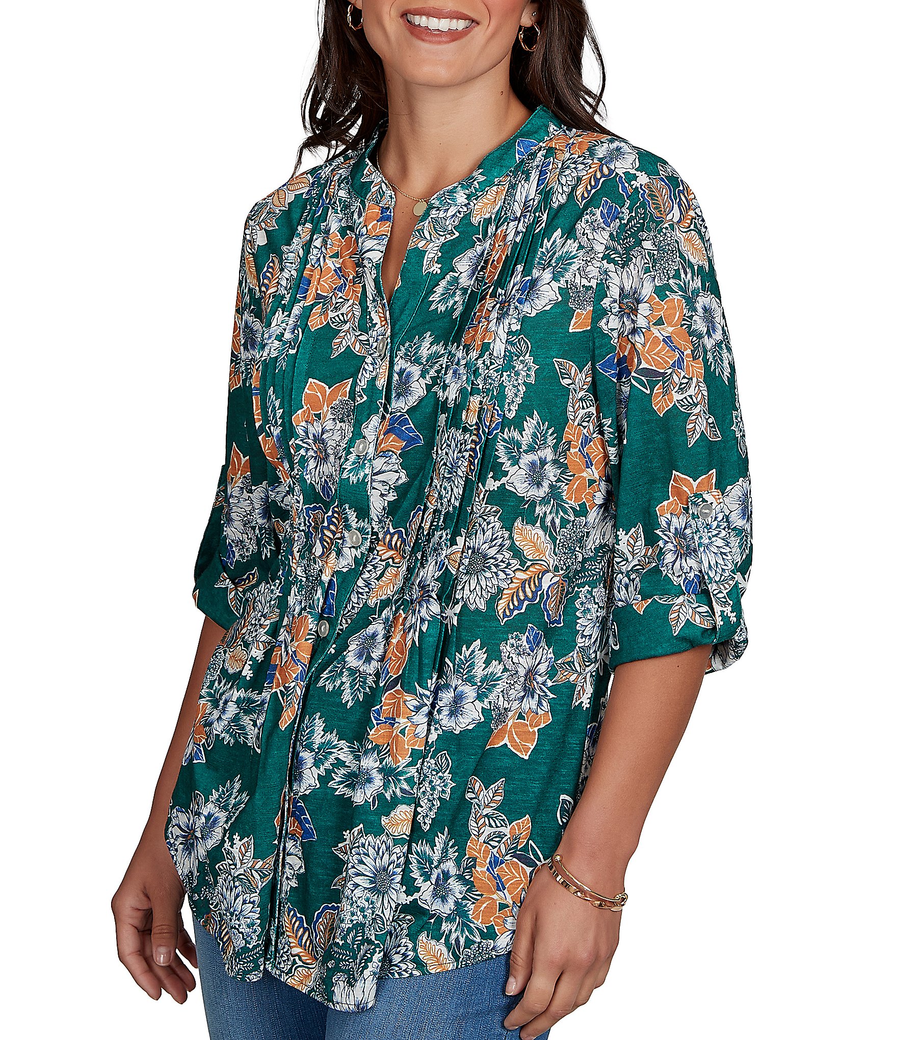 Ruby Rd. Petite Size Slub Knit Kensington-Inspired Floral Split V-Neck 3/4 Roll-Tab Sleeve Button-Front Shirt
