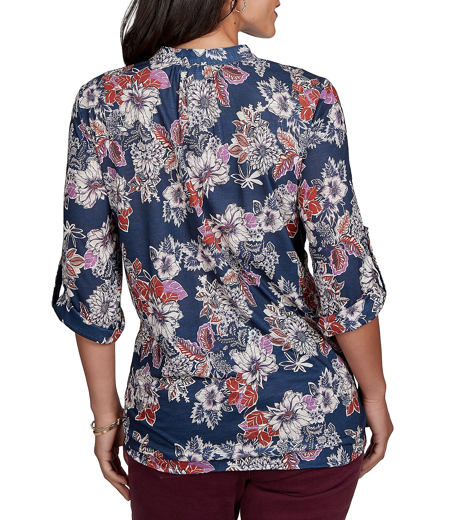 Ruby Rd. Petite Size Slub Knit Kensington-Inspired Floral Split V-Neck 3/4 Roll-Tab Sleeve Button-Front Shirt