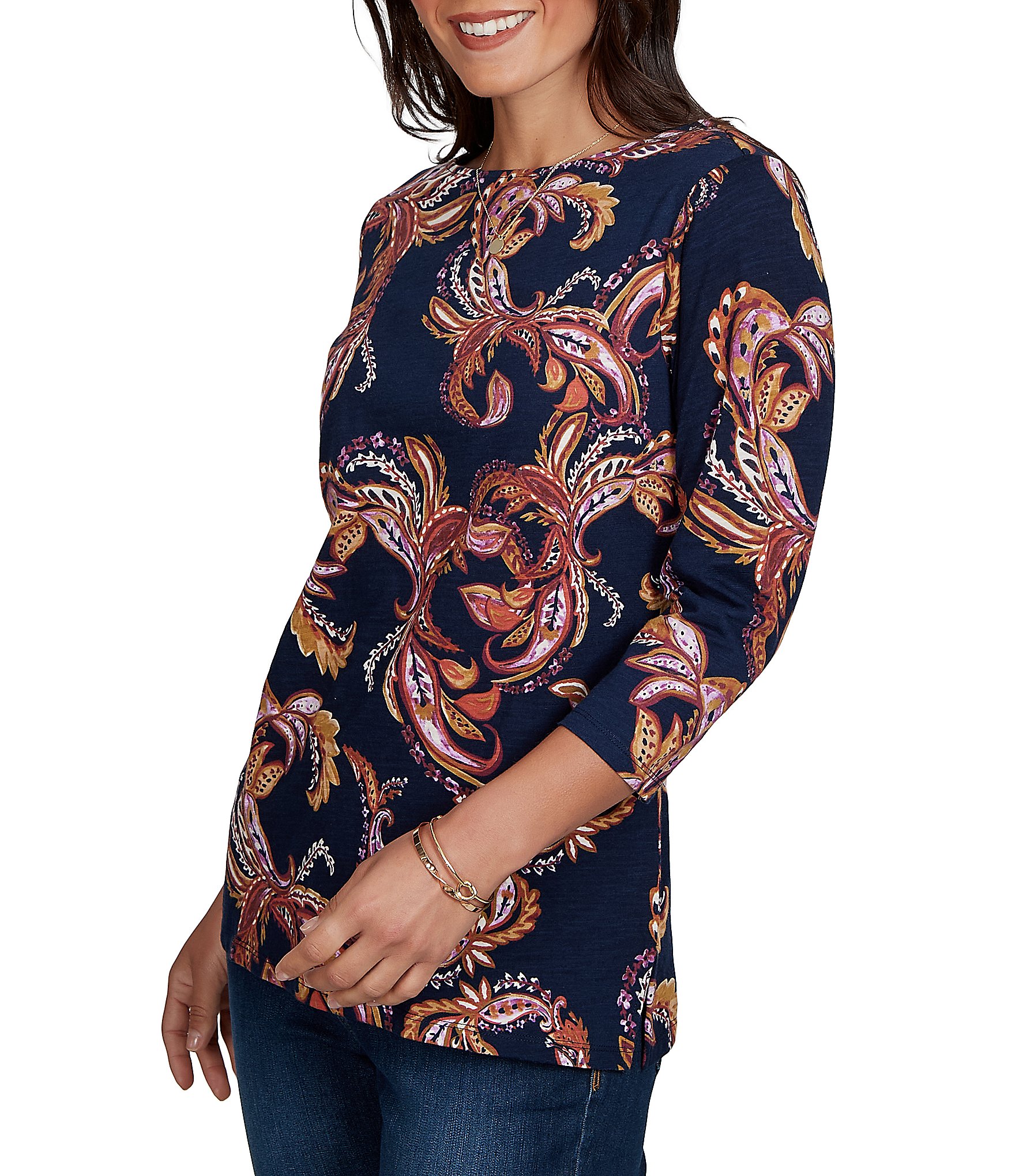 Ruby Rd. Petite Size Slub Knit Paisley Boat Neck 3/4 Sleeve Top