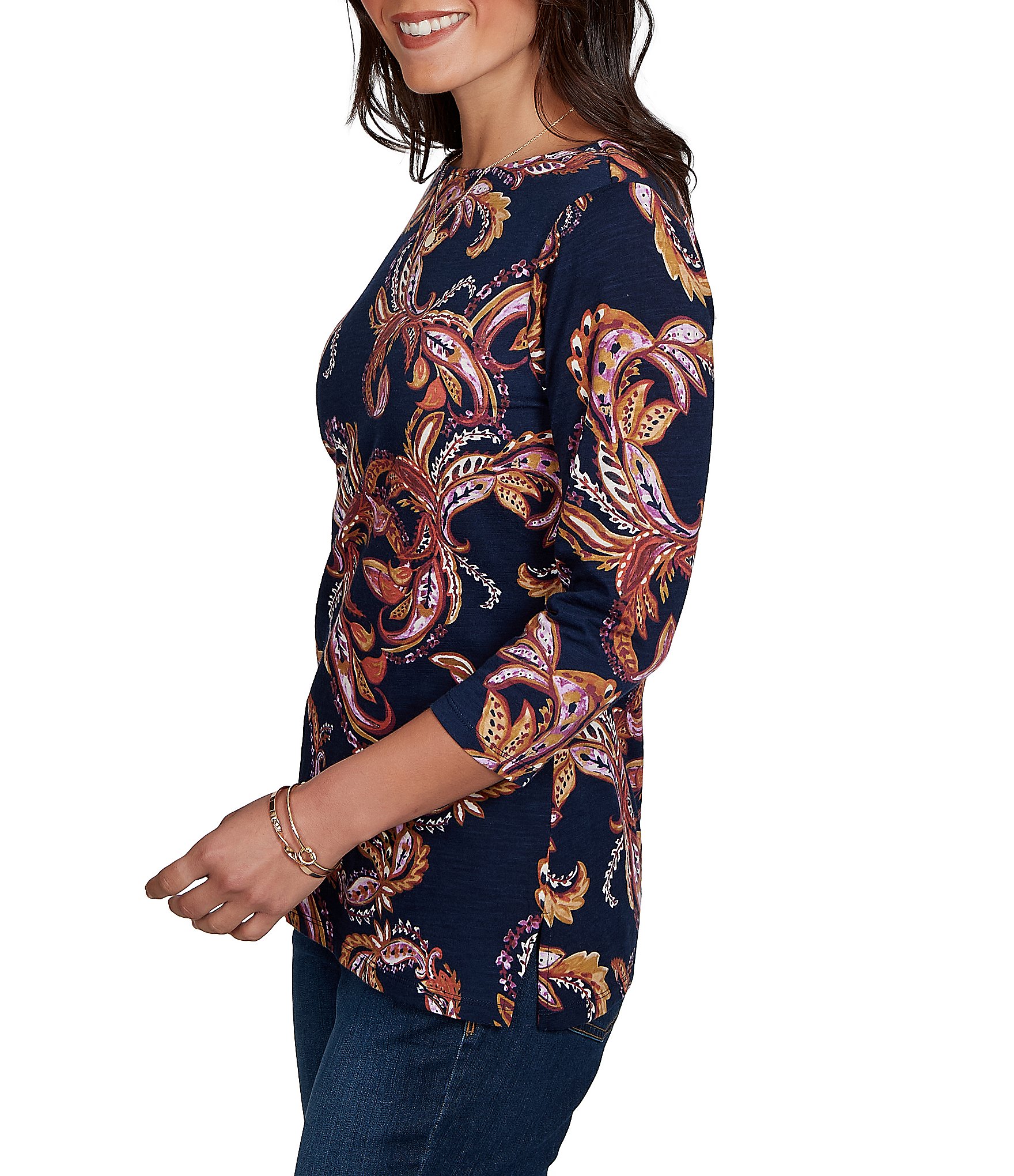 Ruby Rd. Petite Size Slub Knit Paisley Boat Neck 3/4 Sleeve Top