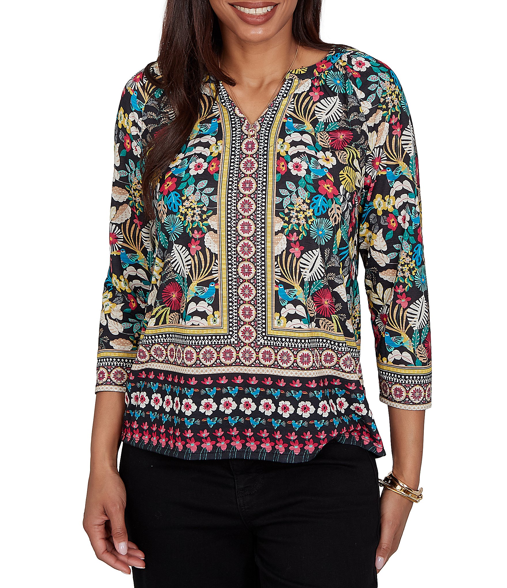 Ruby Rd. Petite Size Slub Knit Vibrant Paradise-Inspired Split V-Neck Cuffed 3/4 Sleeve Top