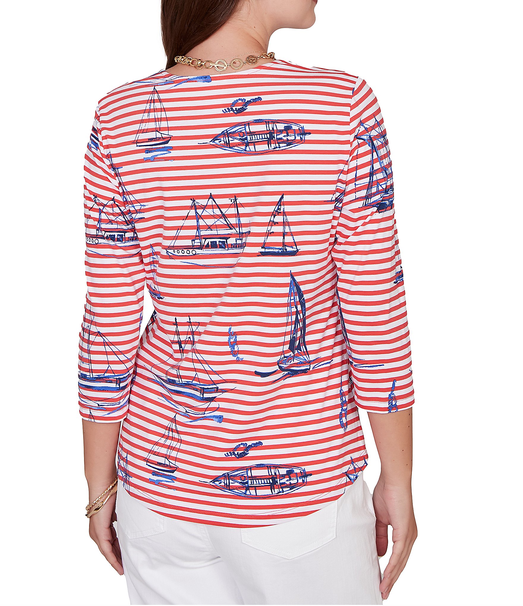 Ruby Rd. Petite Size Soft Cotton Jersey Allover Sailboat Stripe Print Square Neck 3/4 Sleeve Top