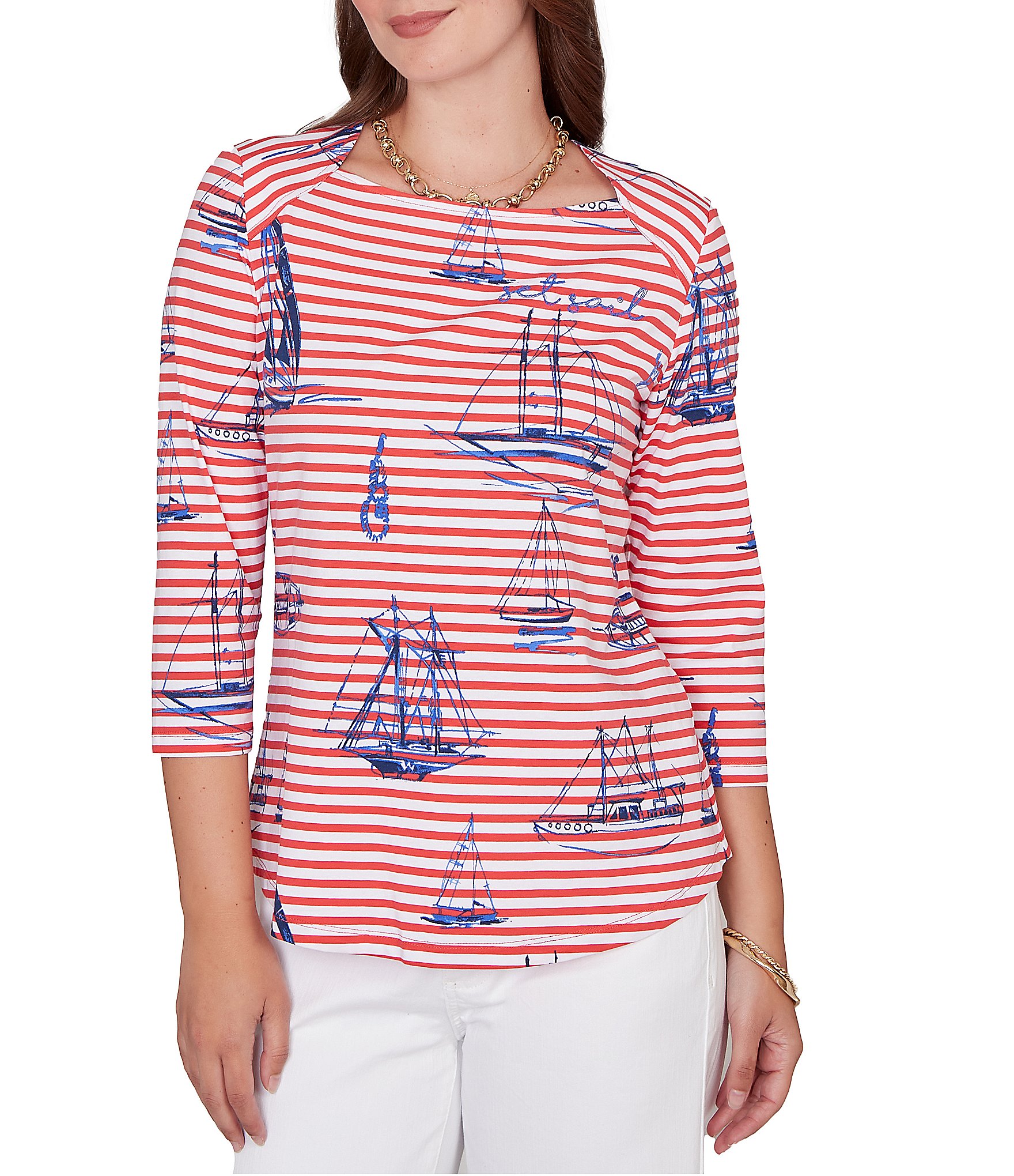Ruby Rd. Petite Size Soft Cotton Jersey Allover Sailboat Stripe Print Square Neck 3/4 Sleeve Top