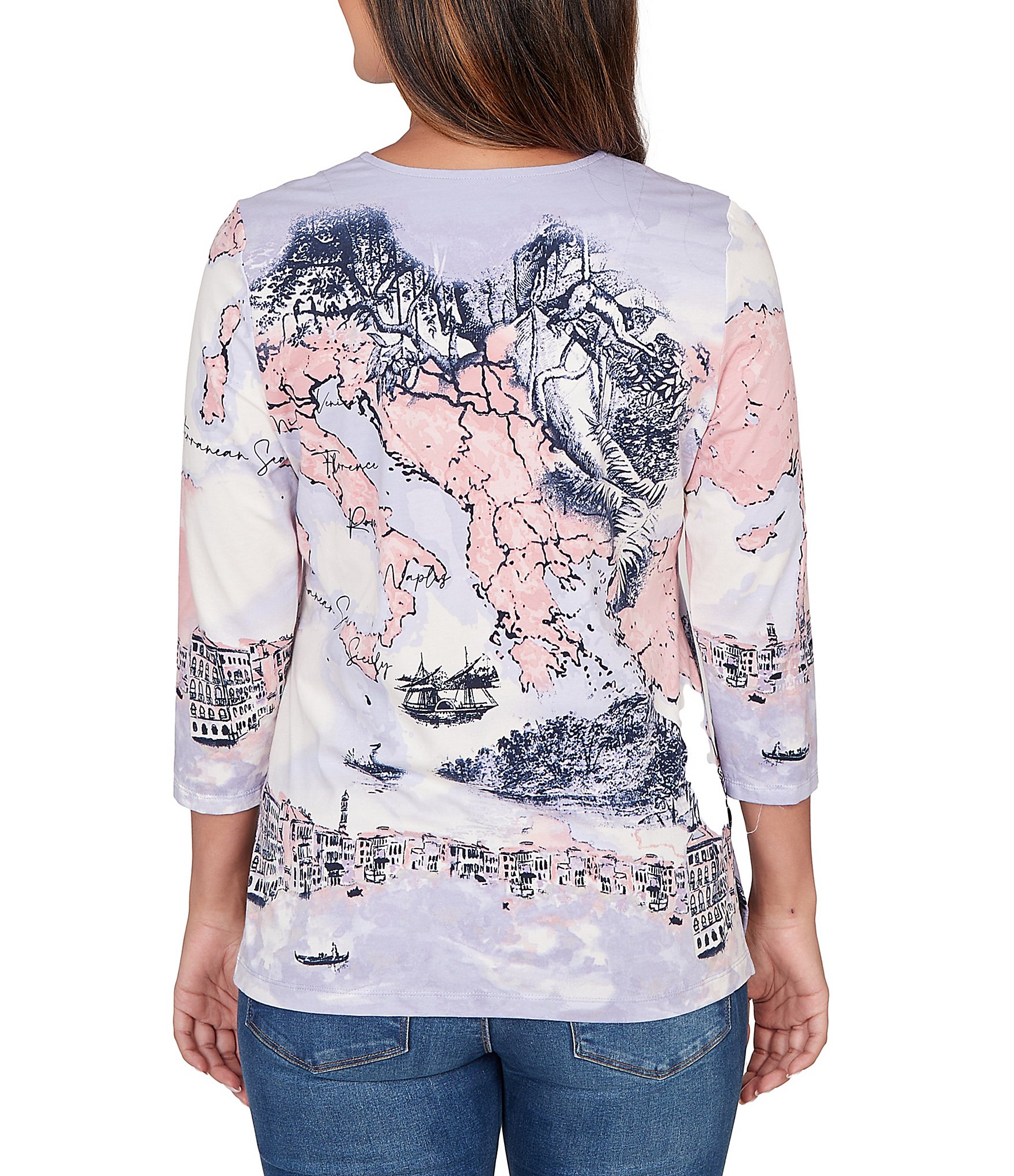 Ruby Rd. Petite Size Soft Cotton Jersey Novelty Horseshoe Neck 3/4 Sleeve Excursion Top