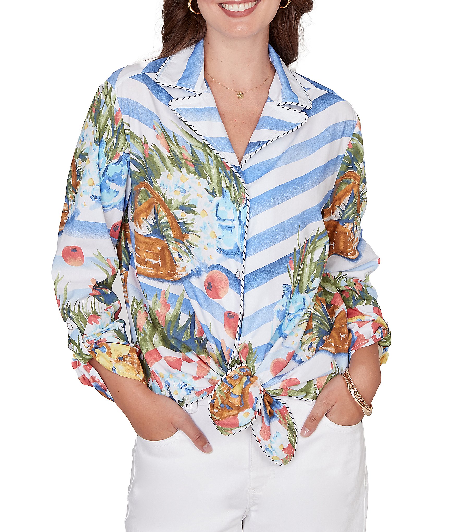 Ruby Rd. Petite Size Soft Poplin Woven Conversational Print Collared 3/4 Sleeve Picnic Top
