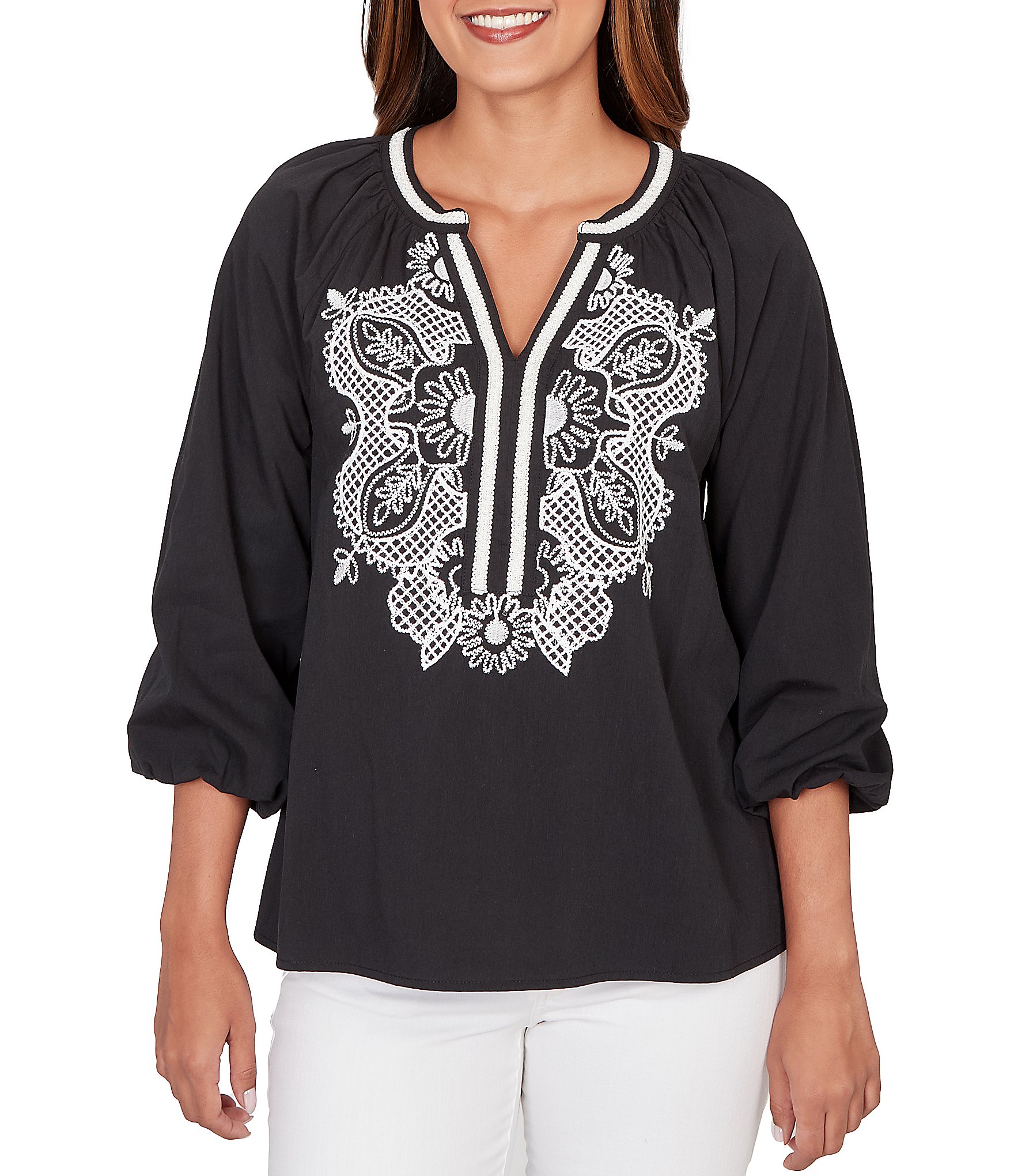 Ruby Rd. Petite Size Soft Woven Embroidered Split V-Neck 3/4 Sleeve Top