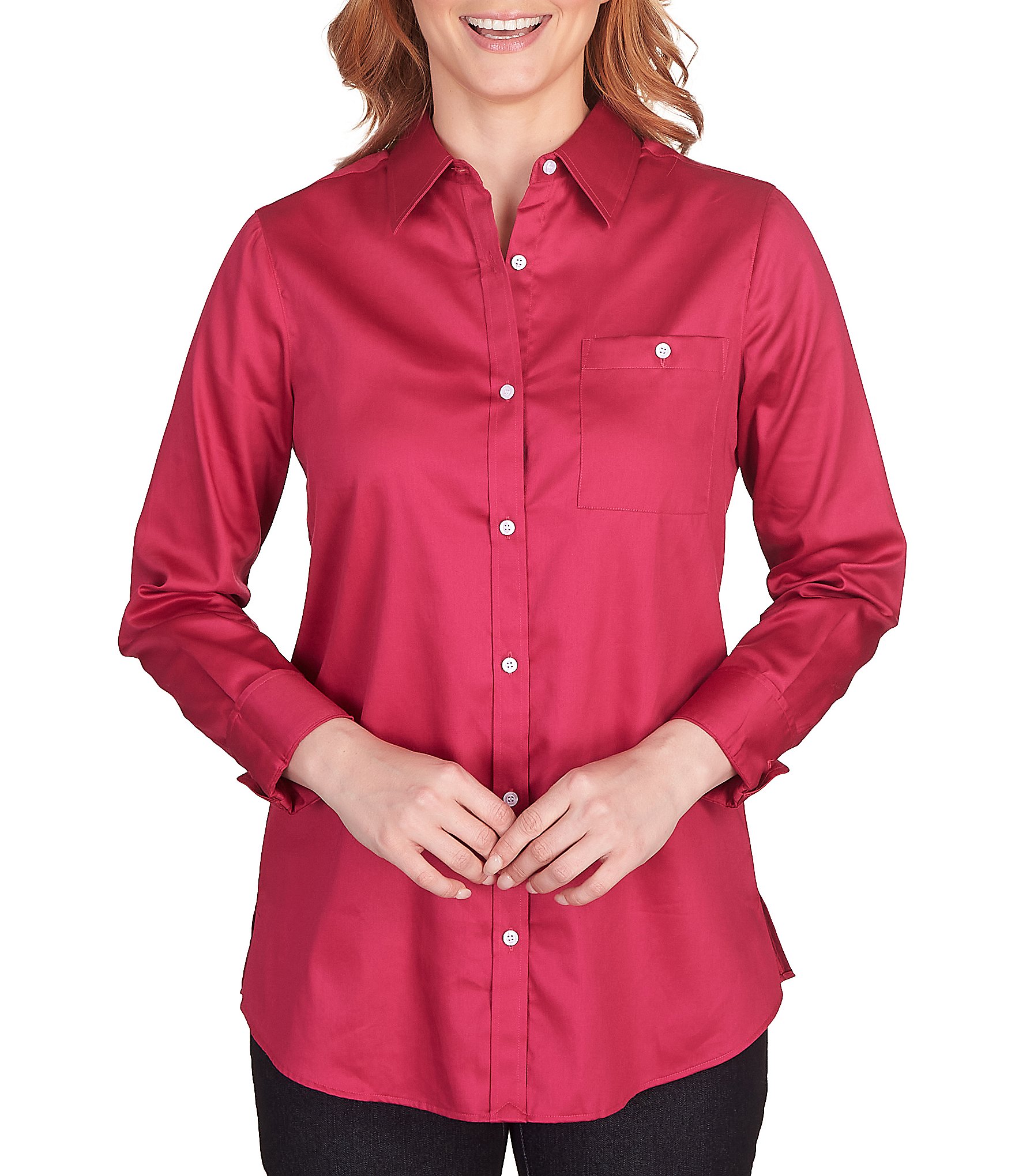 red long sleeve button down shirt women's