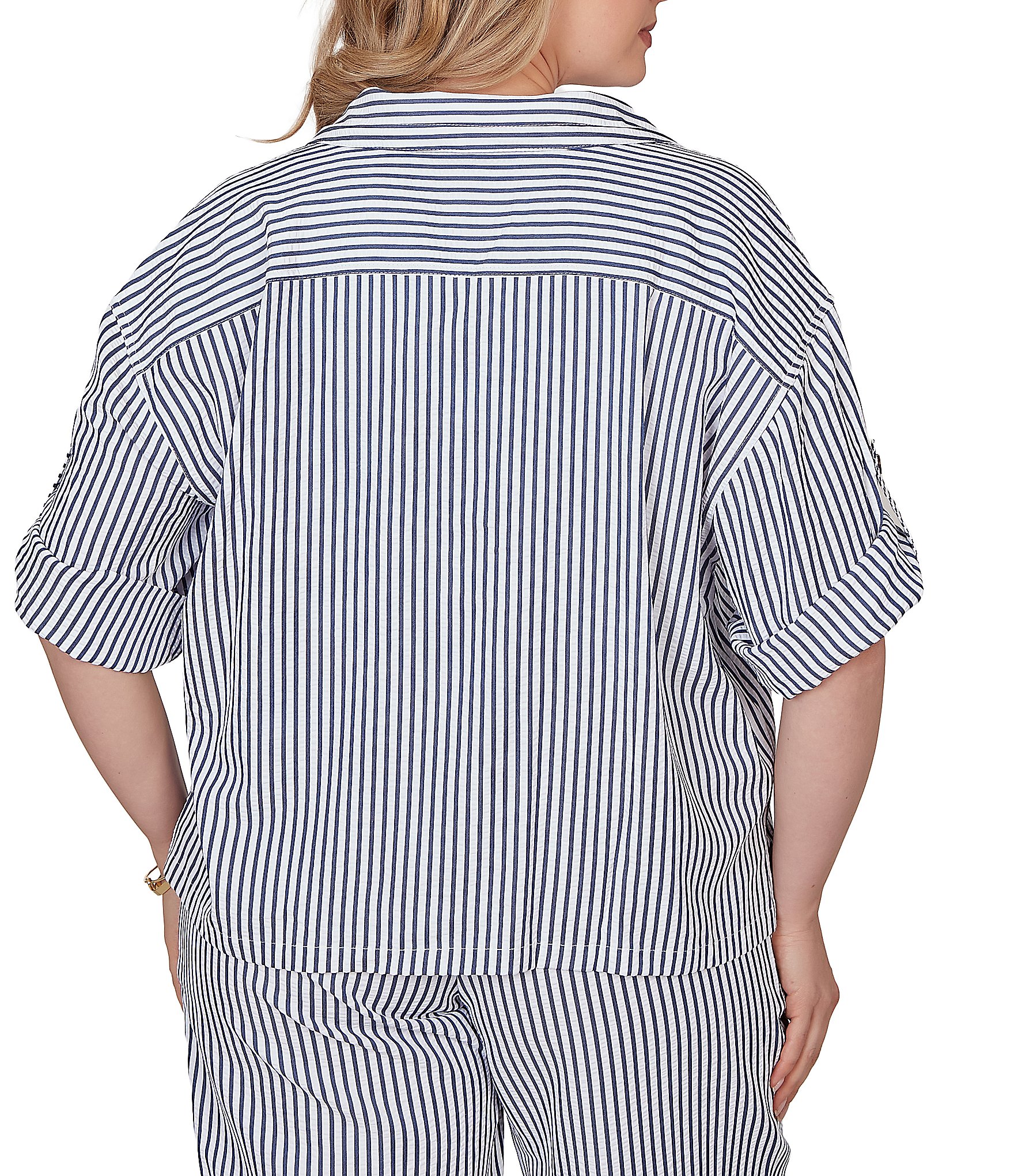 Ruby Rd. Petite Size Spliced Stripe Spread Collar 3/4 Roll-Tab Sleeve Button-Front Jacket