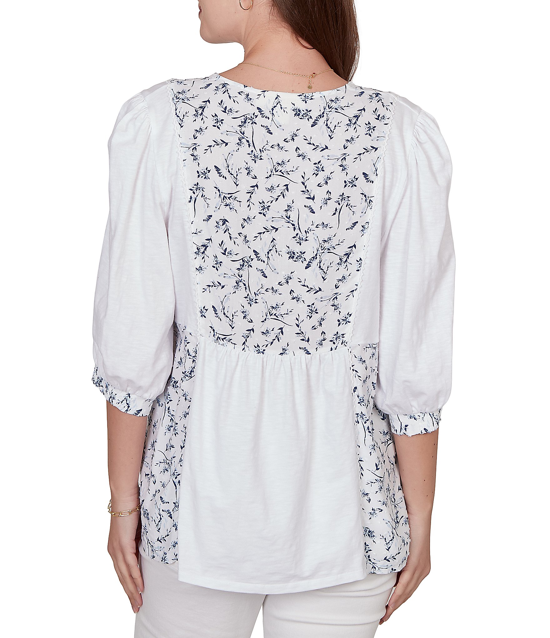 Ruby Rd. Petite Size Split V-Neck 3/4 Sleeve Sharkbite Hem Flowy Top