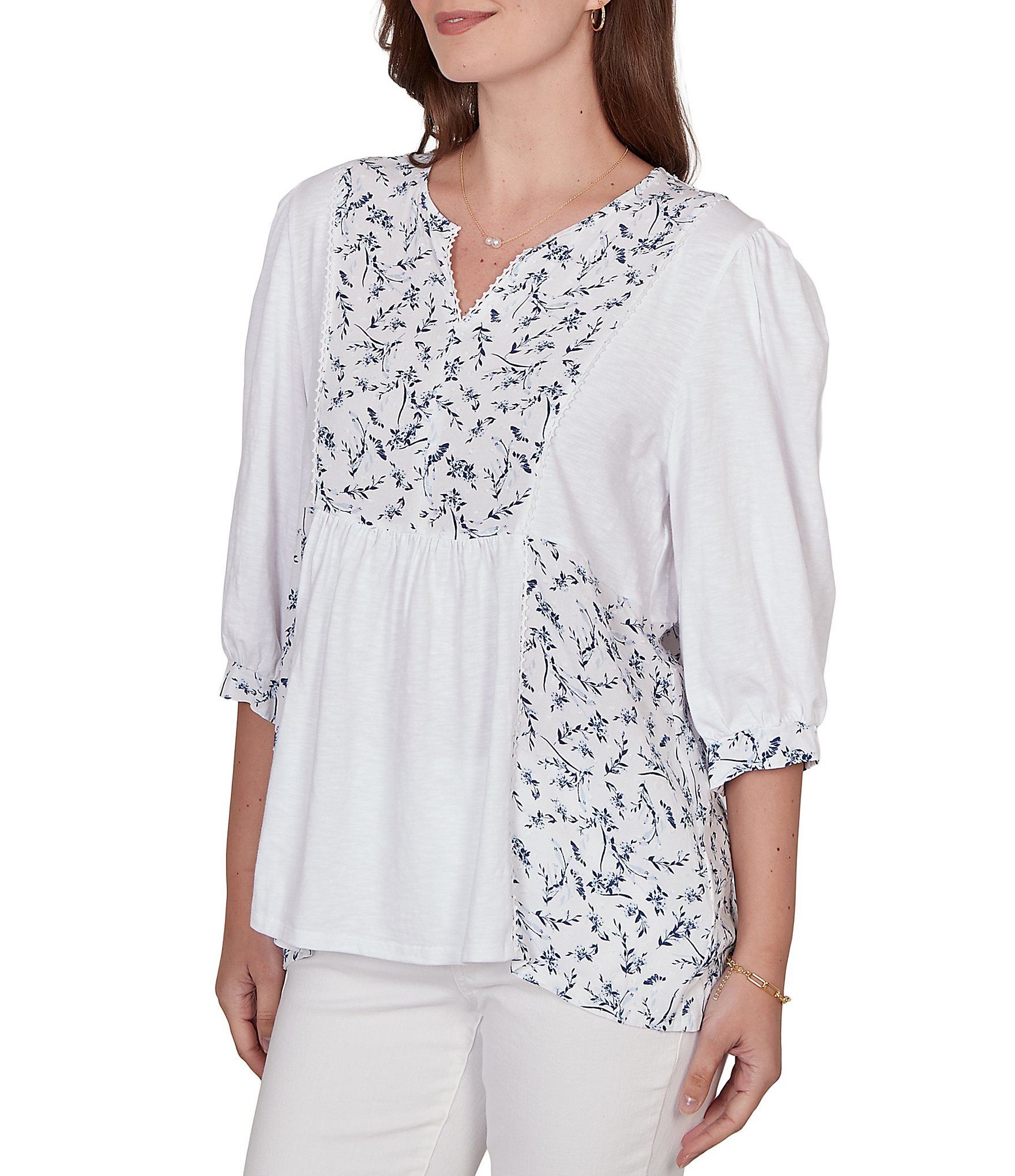 Ruby Rd. Petite Size Split V-Neck 3/4 Sleeve Sharkbite Hem Flowy Top