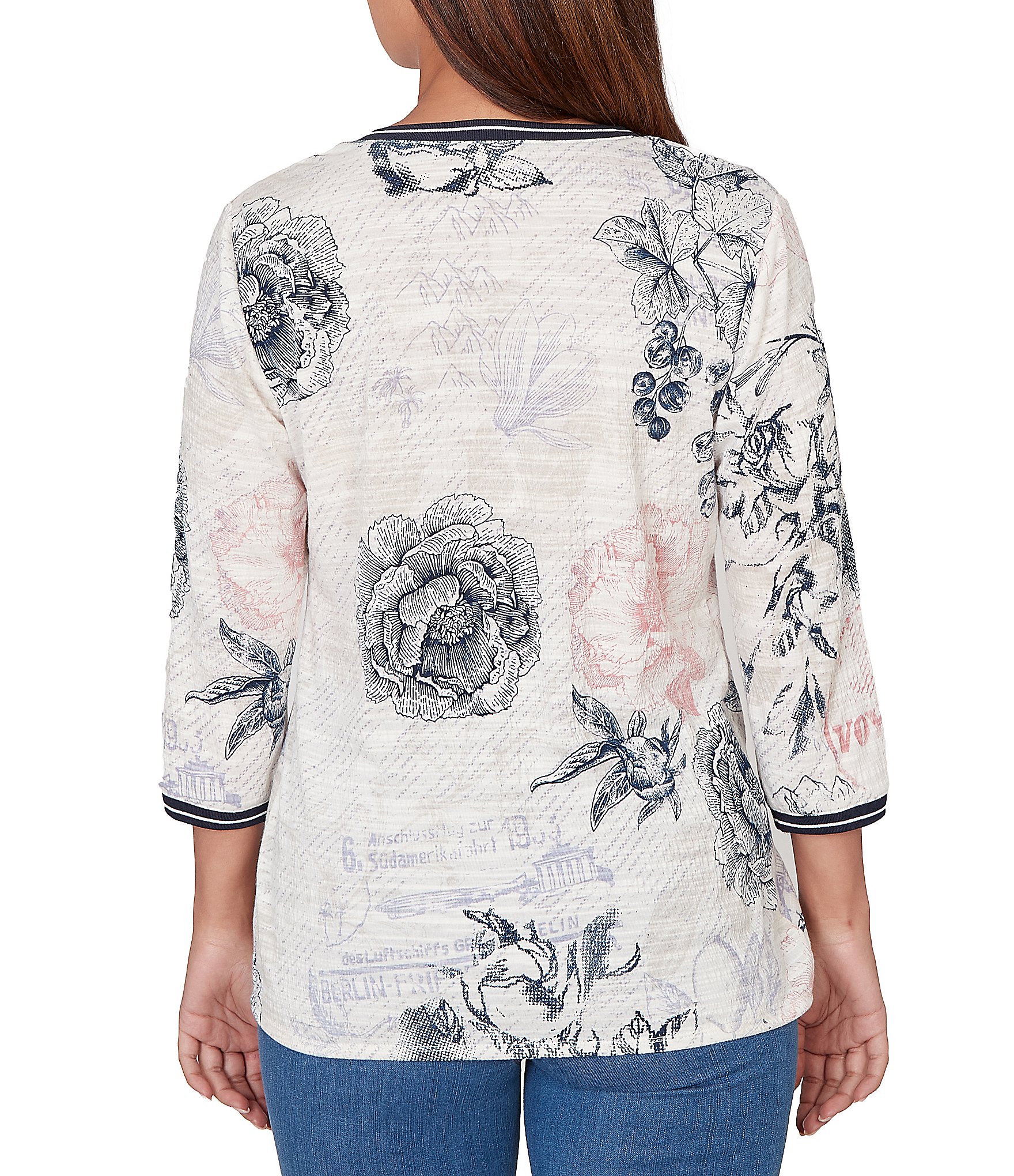 Ruby Rd. Petite Size Stamp Botanical Floral V-Neck 3/4 Sleeve Knit Top