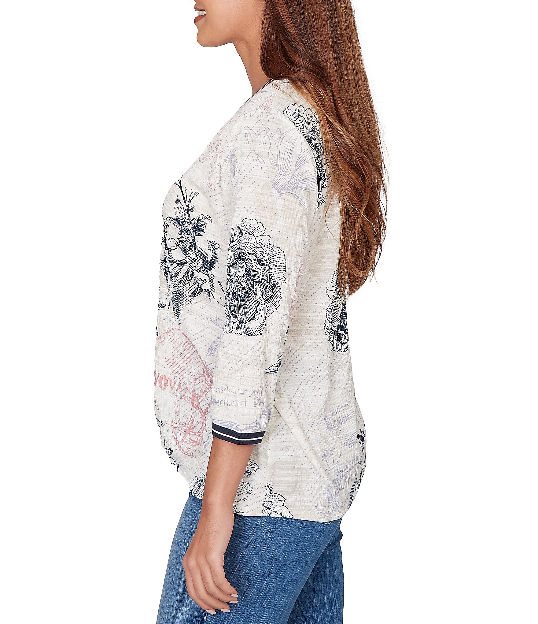 Ruby Rd. Petite Size Stamp Botanical Floral V-Neck 3/4 Sleeve Knit Top