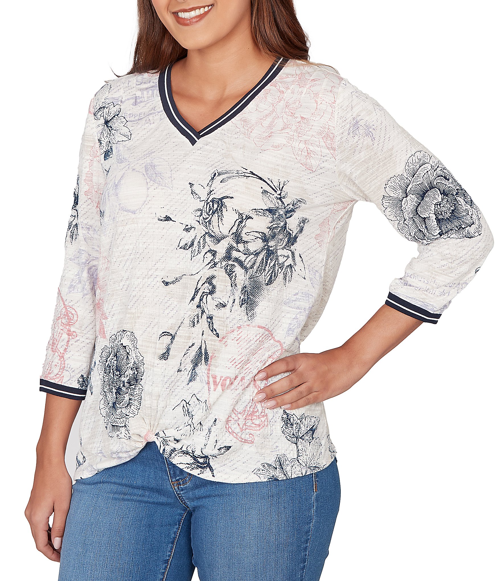 Ruby Rd. Petite Size Stamp Botanical Floral V-Neck 3/4 Sleeve Knit Top