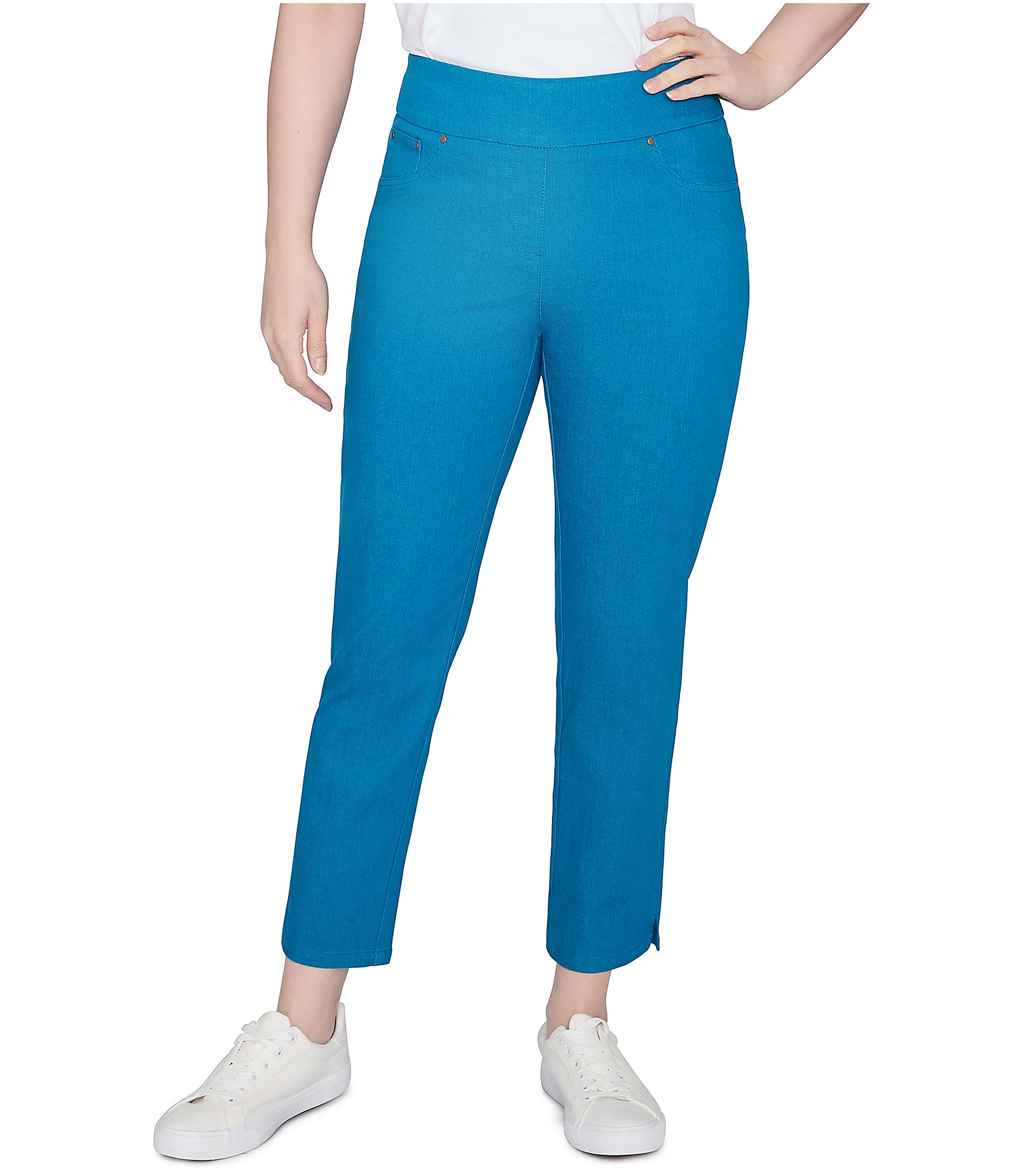 Ruby Rd. Petite Size Stretch Colored Denim Straight Leg Side Vented Hem Faux Front Pocket Ankle Pants 16p