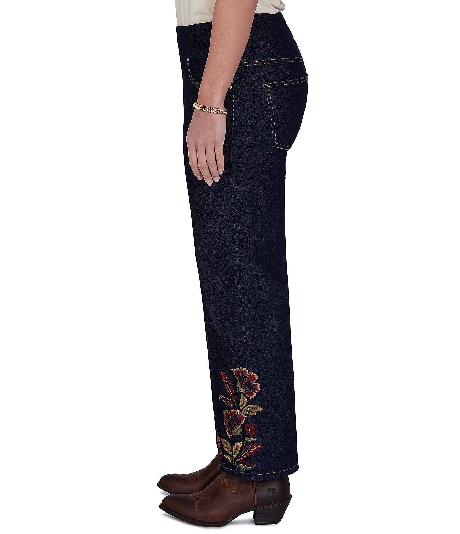 Ruby Rd. Petite Size Stretch Denim Embroidered Hem Pull-On Ankle Pants