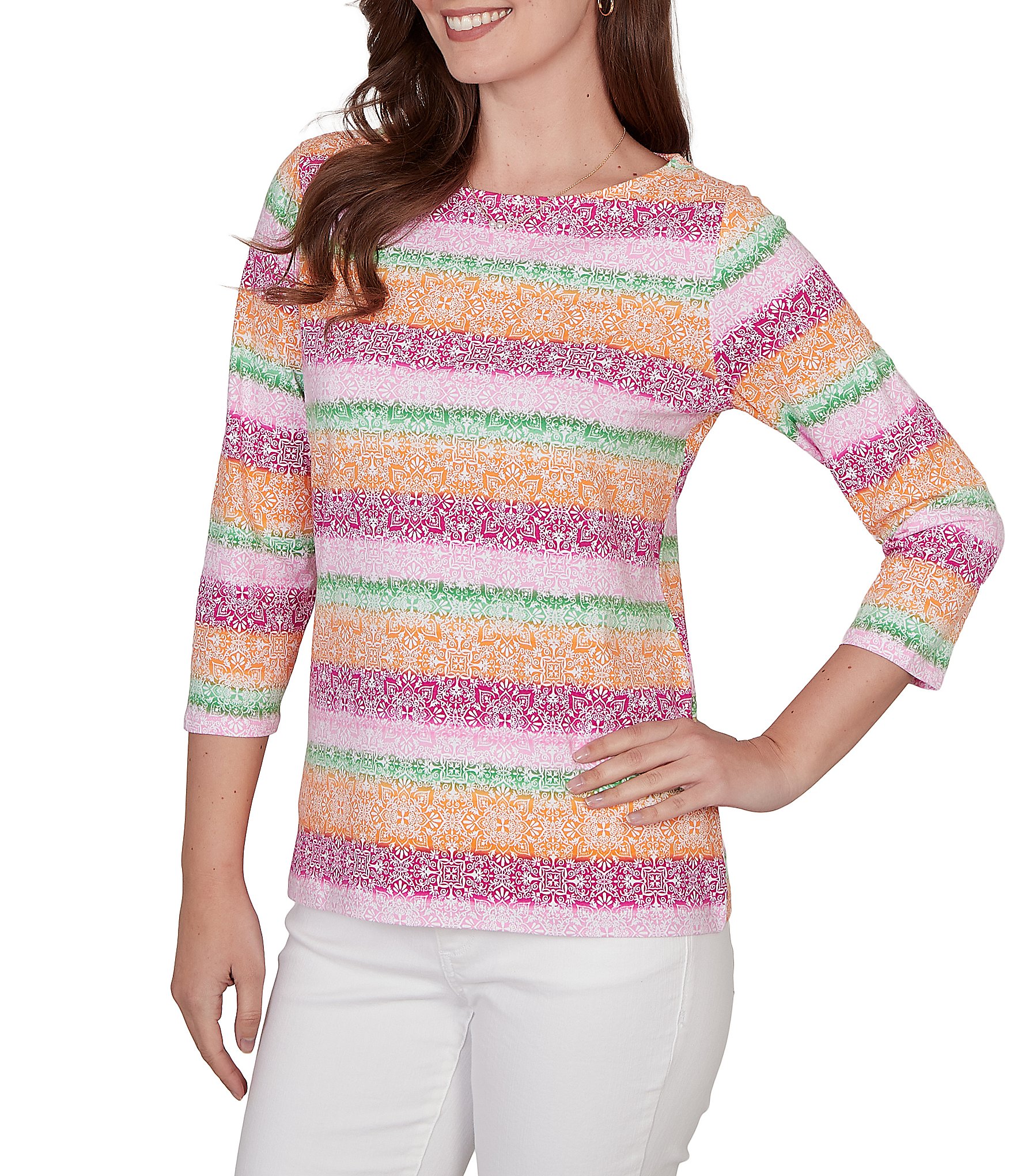 Ruby Rd. Petite Size Stripe Medallion Boat Neck 3/4 Sleeve Top