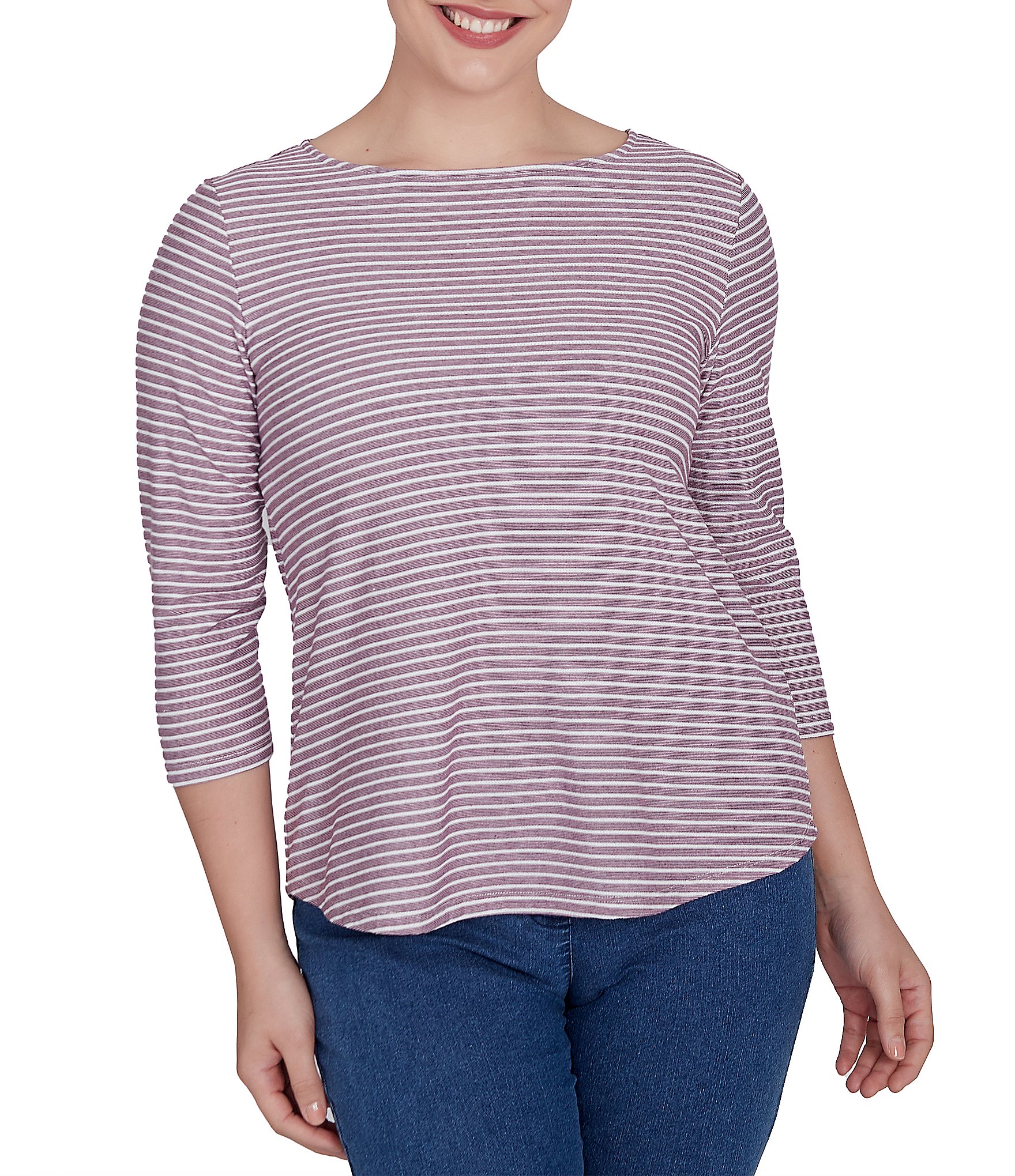 Ruby Rd. Petite Size Stripe Print Knit Crew Neck 3/4 Sleeve Top